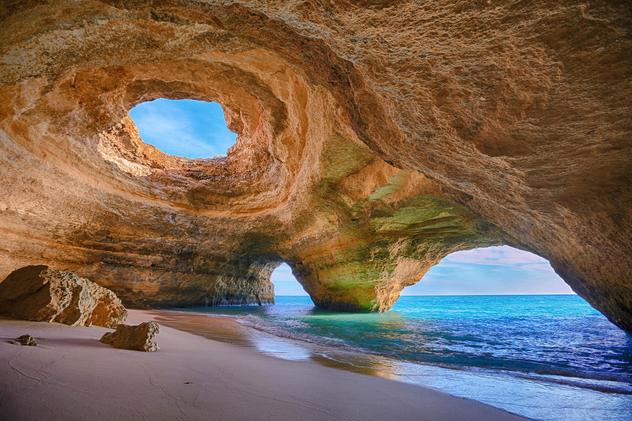 1080P, sea, rock, stones, Algarve, sand, arch, Portugal, shore, HD Wallpaper