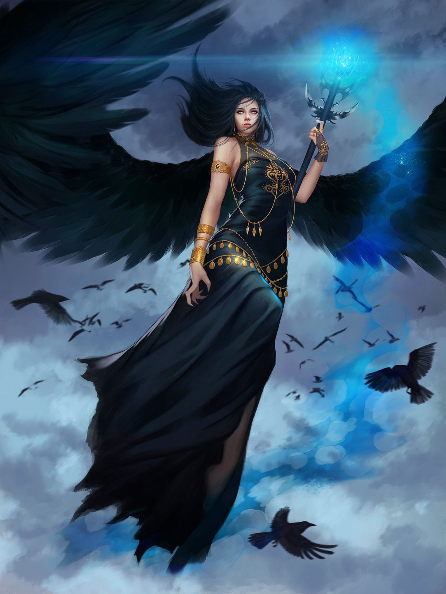 original, Beauty, girl, Magic, Long, hair, wings, fantasy, birds, dress, Character, sky, angel, Beautiful, 1080P, Phone HD Wallpaper