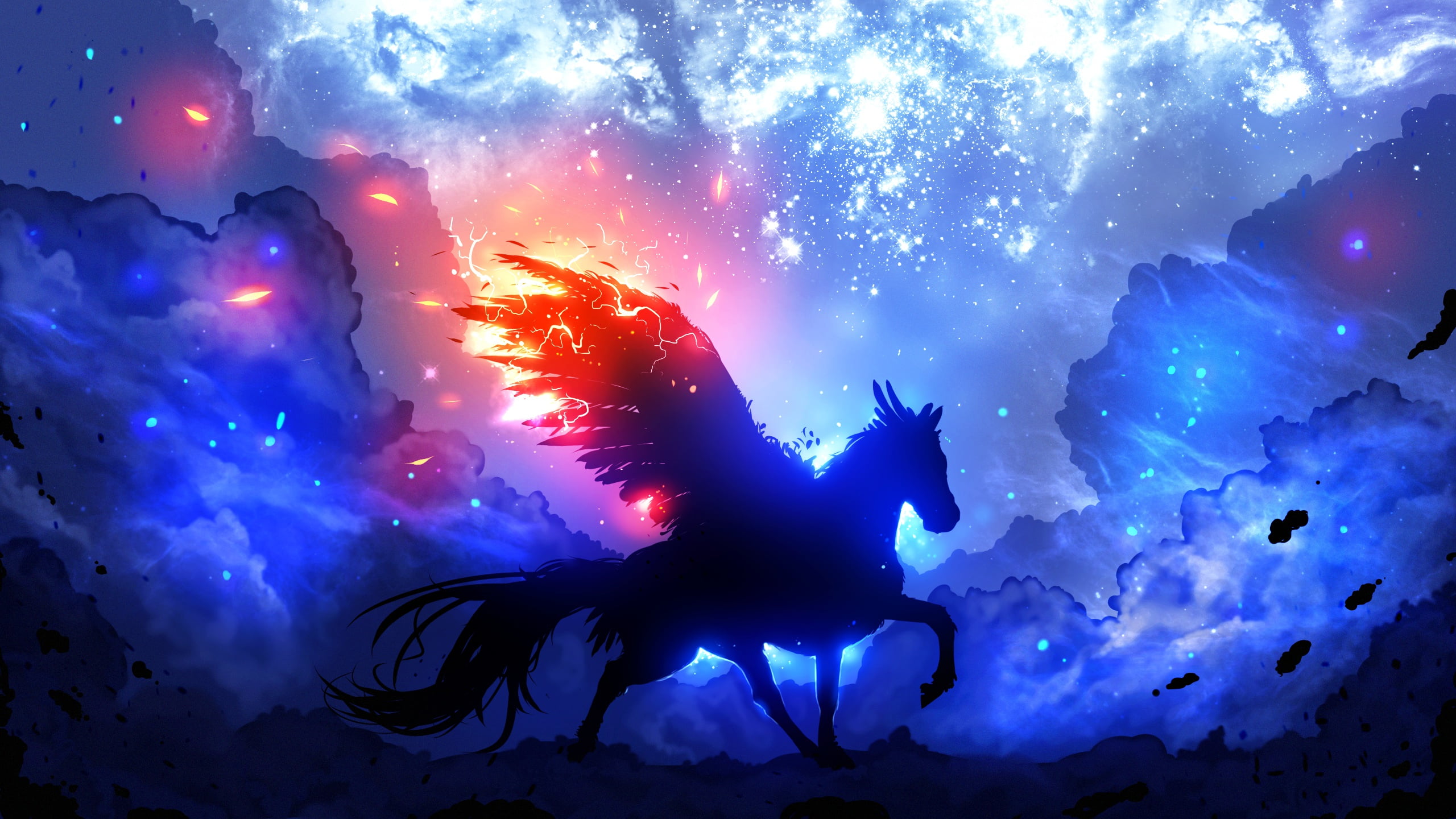 silhouette, pink, 2K, clouds, yellow, space, wings, orange, Pegasus, zipper, blue, black, white, wing, HD Wallpaper