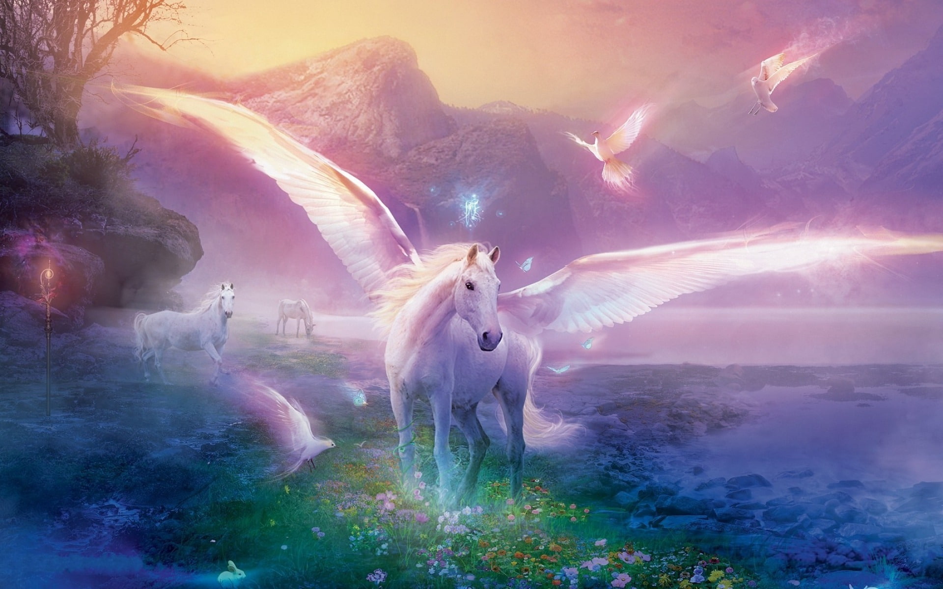 animal, wall, scenics - nature, digital composite, travel destinations, design, nature, sky, mountain, plant, pegasus, fog, beauty in nature, landscape, HD Wallpaper