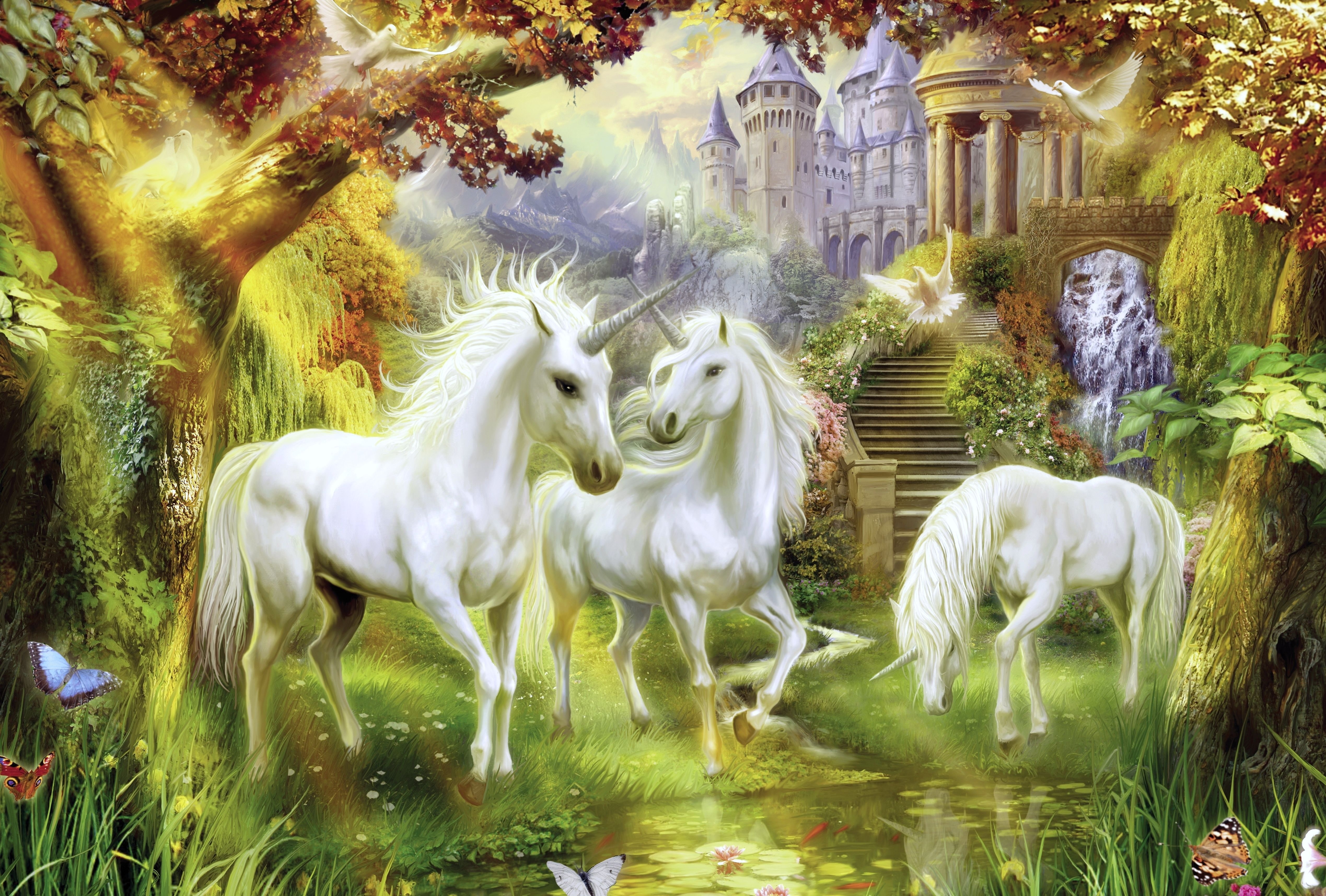 4K, forest, pegasus, Fantasy, fantasy animals, waterfall, castle, HD Wallpaper