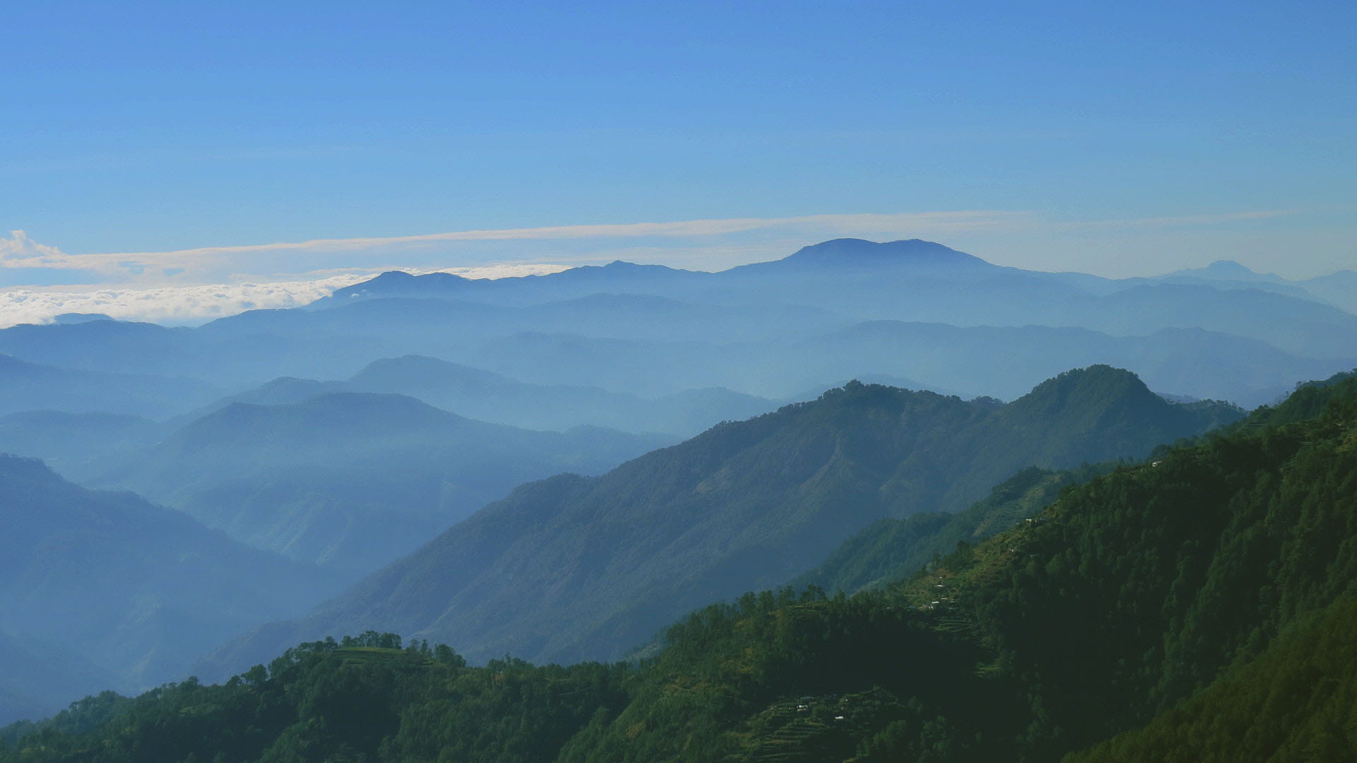 cordillera, mountain range, remote, mountain, outdoors, tranquility, morning, 1080P, blue, clouds, mt. province, nature, fog, green color, tree, paktil, HD Wallpaper