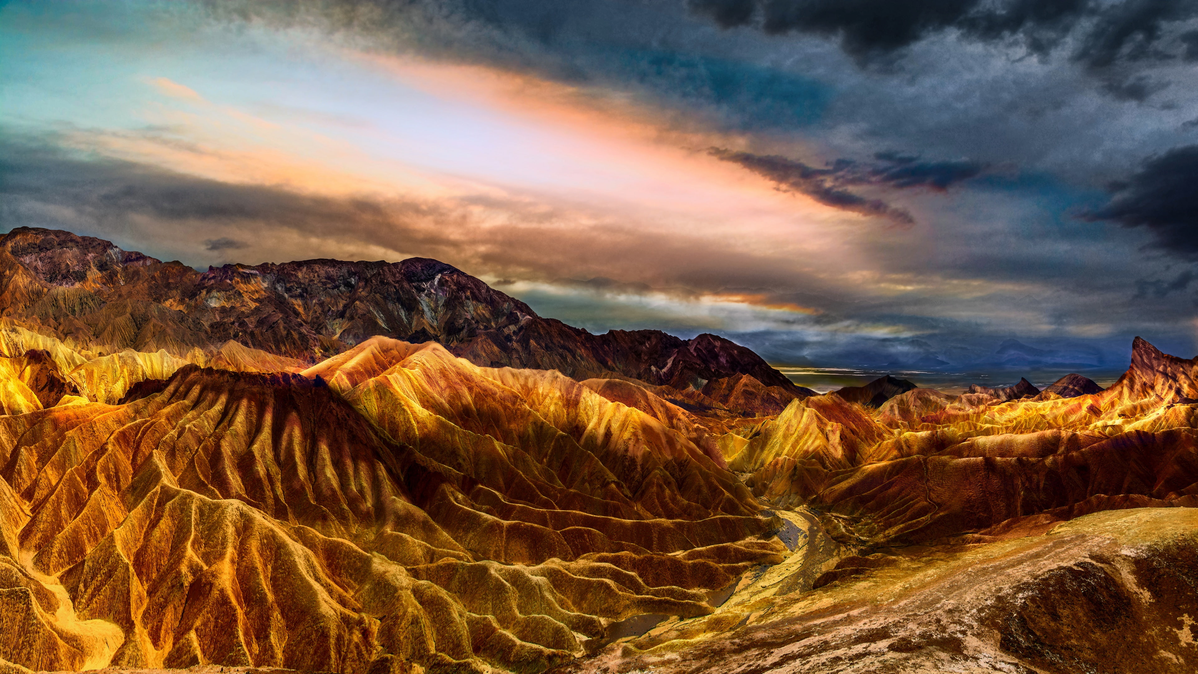 canyons, USA, rocks, Death Valley, CA, national Park, the sky, heat, color, colorful, America, desert, mountains, nature, 4K, Zabriskie point, clouds, HD Wallpaper