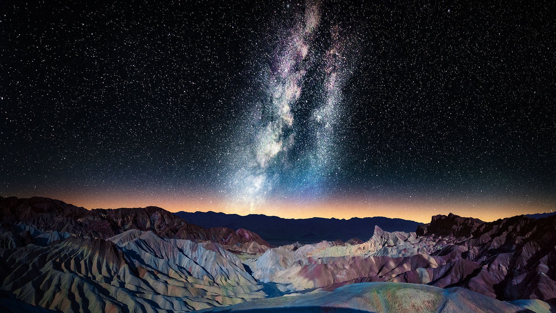 Zabriskie Point, USA, mountains, night, 1080P, galaxy, far view, stars, landscape, nature, Milky Way, California, HD Wallpaper