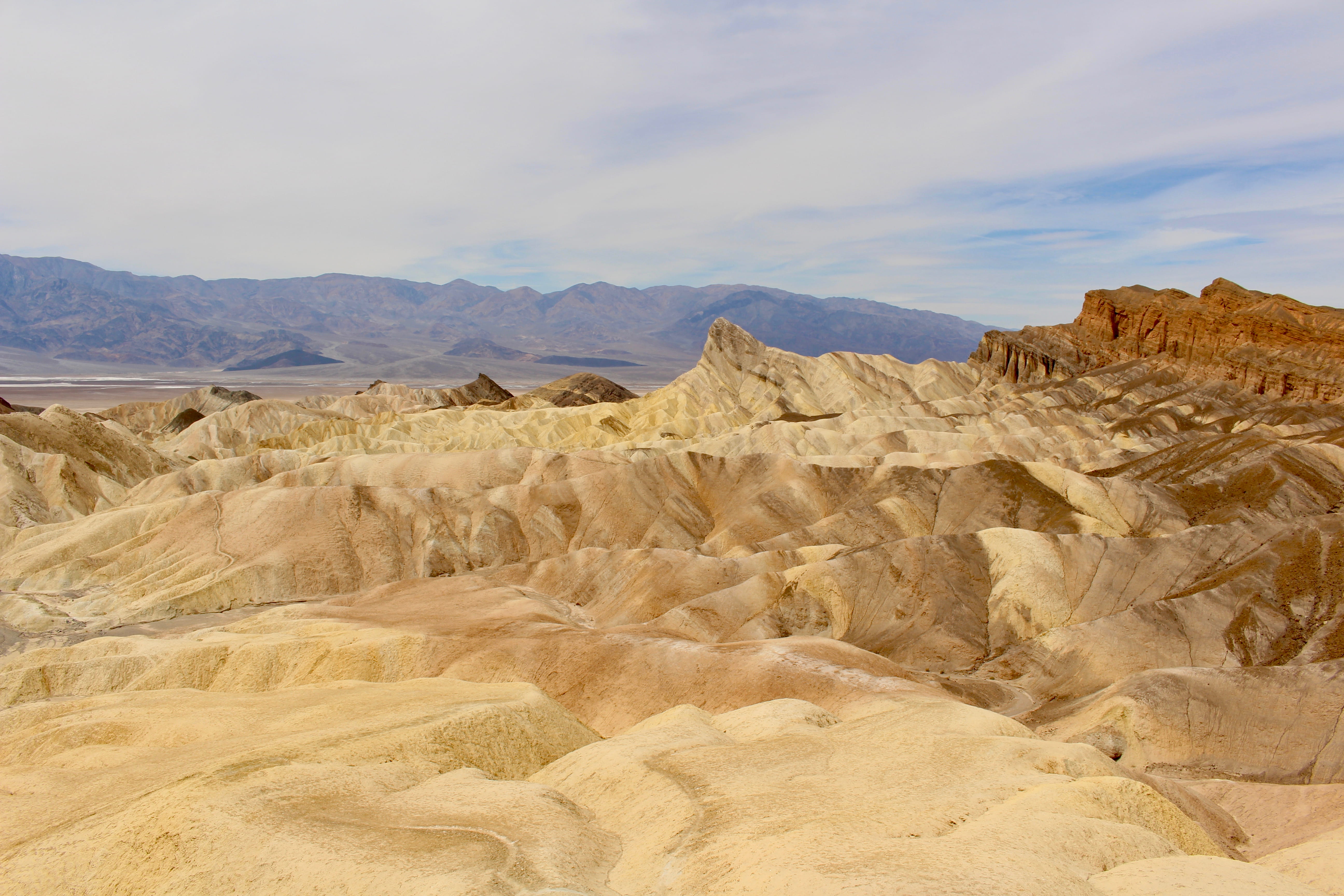 environment, desert, tranquility, arid climate, cloud - sky, rock - object, mountain, mountain range, 5K, formation, united states, land, remote, zabriskie point, HD Wallpaper