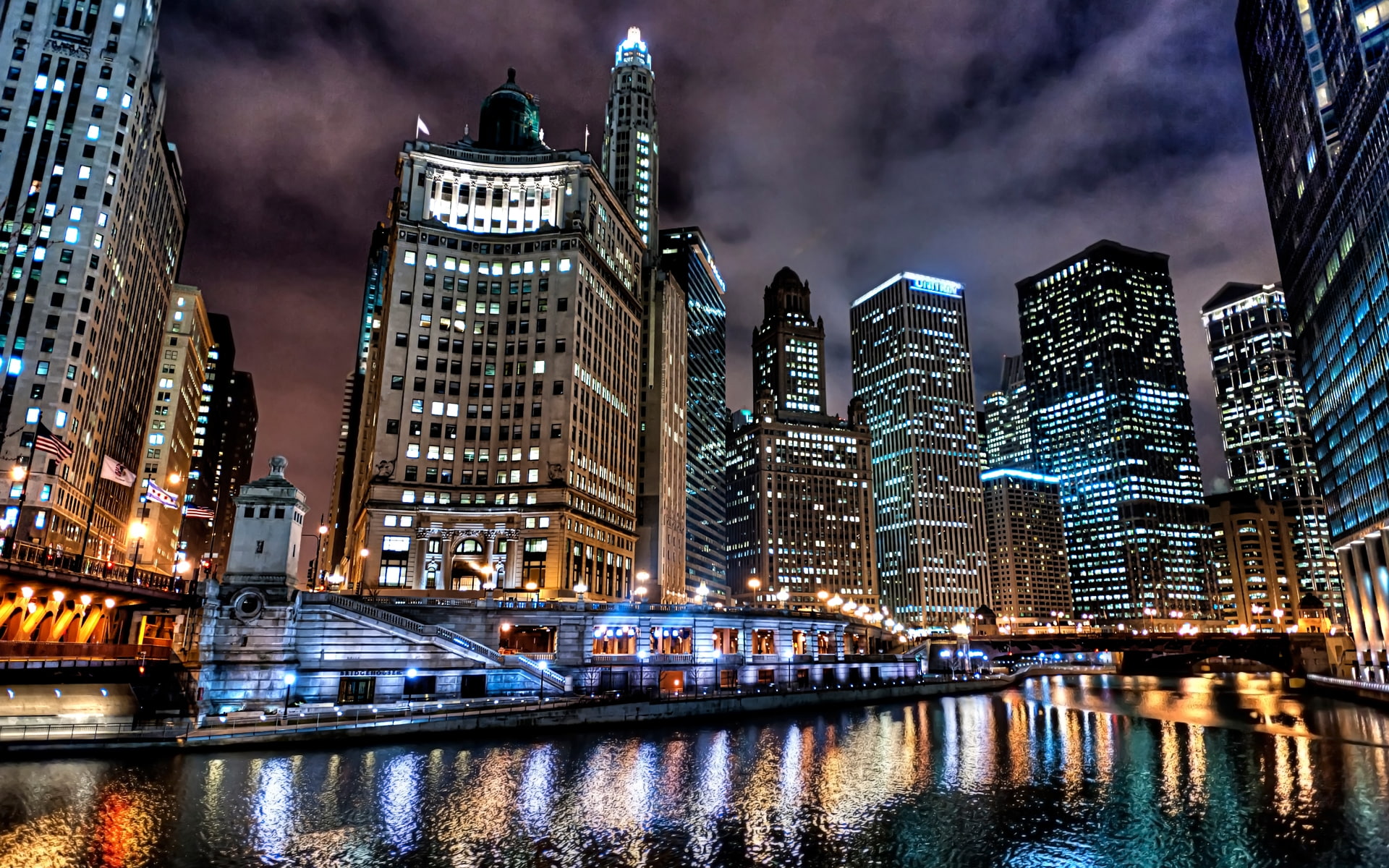 lights, buildings, america, chicago, sua, us city, night, 1080P, HD Wallpaper