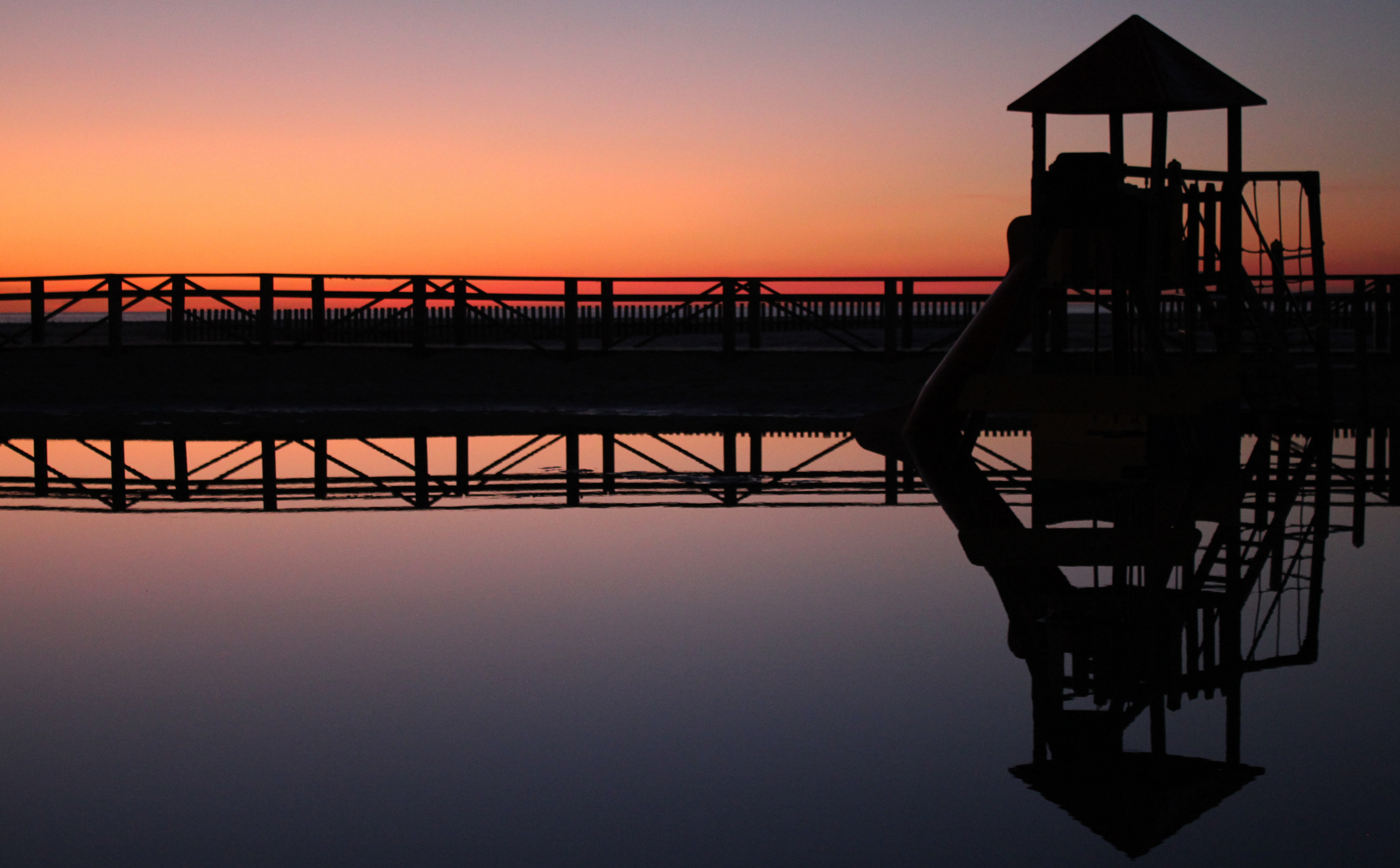 beauty in nature, Spain, railing, pier, silhouette, water, tarifa, outdoors, andalusia, tranquility, orange color, 5K, no people, transportation, sunset, HD Wallpaper