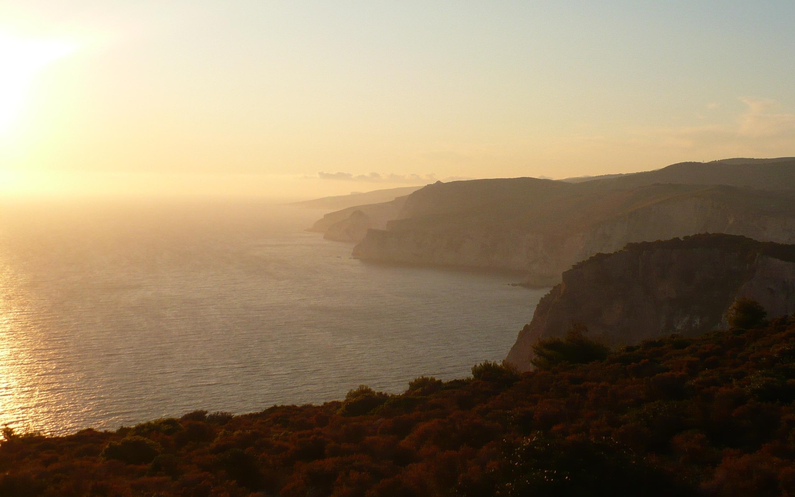 mystic, foggy, sunset, nature, 3d and abstract, 2K, coastline, cliffs, ocean, highls, reflection, HD Wallpaper