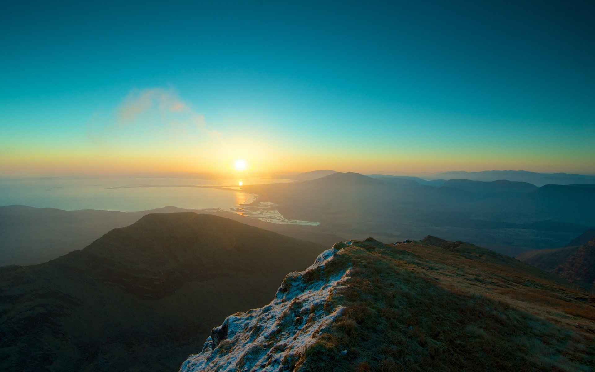 physical geography, mountain, beauty in nature, sky, idyllic, morning, no people, cloud - sky, Sun, scenics - nature, majestic, mountain range, 1080P, HD Wallpaper