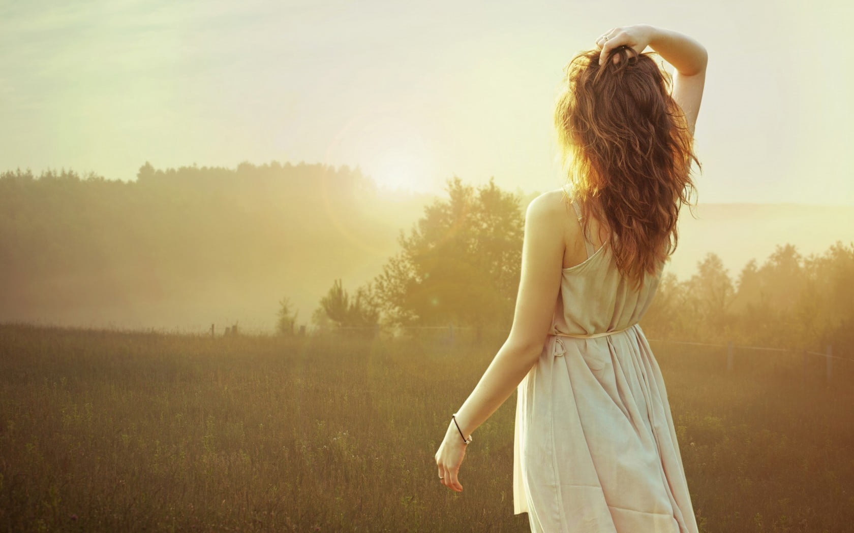 plant, rear view, land, adult, nature, field, sky, outdoors, Sun, morning, lifestyles, standing, beautiful woman, hairstyle, long hair, leisure activity, HD Wallpaper