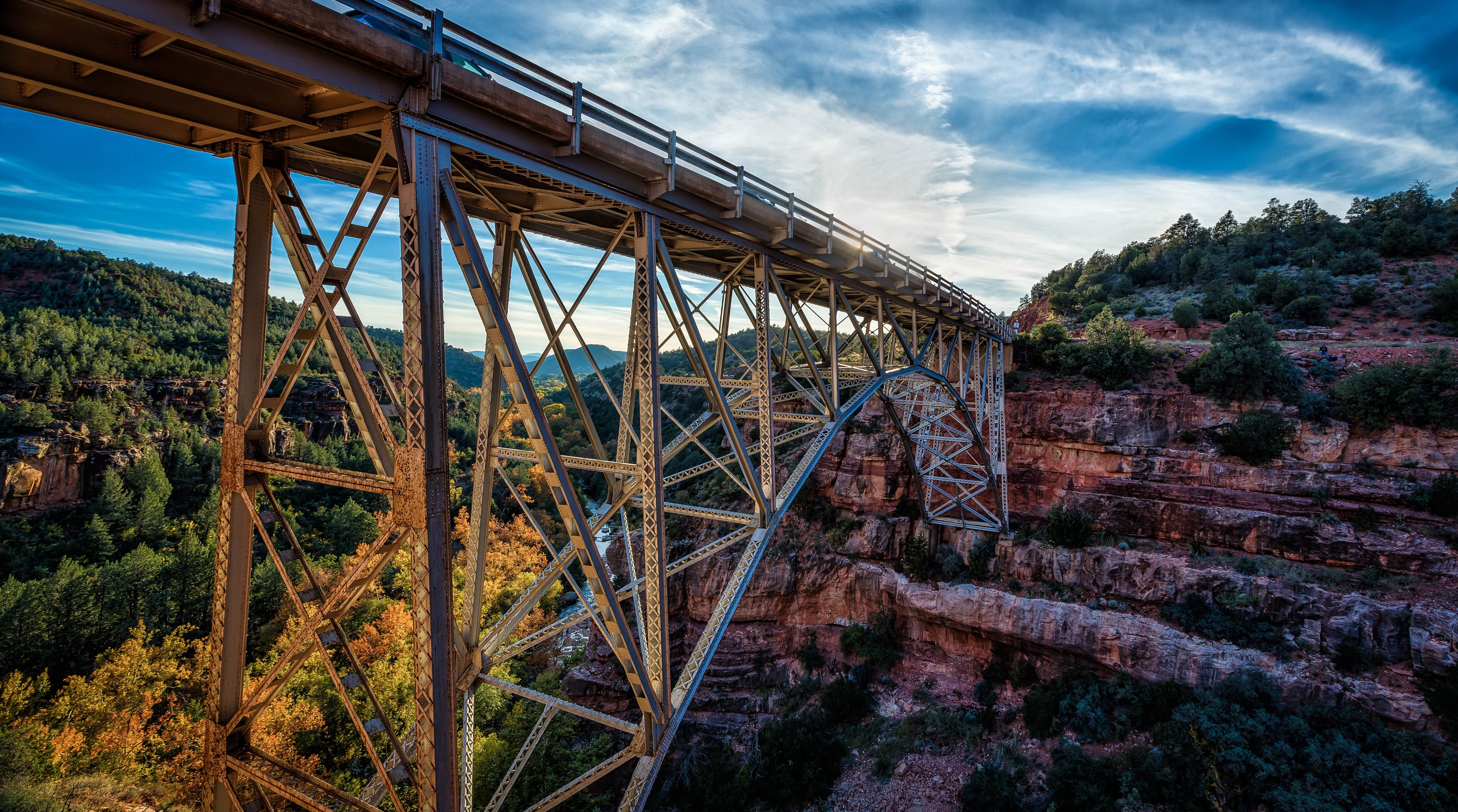 cloud - sky, Landscape, built structure, Fall, Bridge, tranquility, land, obsolete, architecture, connection, sedona, 5K, geocity, MidgleyBridge, United States, HD Wallpaper