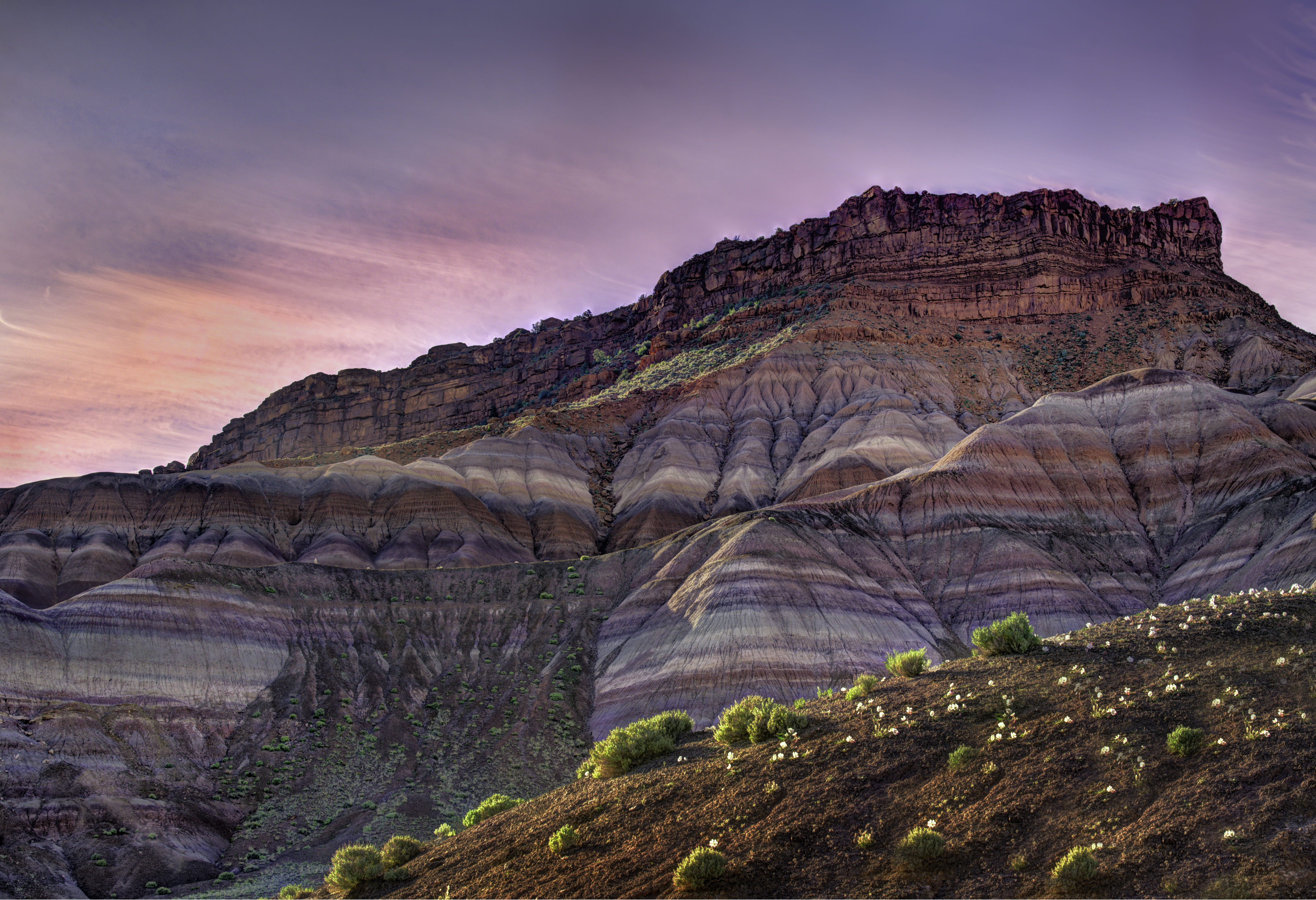 sky, cliff, outdoors, geology, old paria, wildflowers, striped hills, valley, no people, rock, landscape, wilderness, coat, rock formation, layered, nature, HD Wallpaper