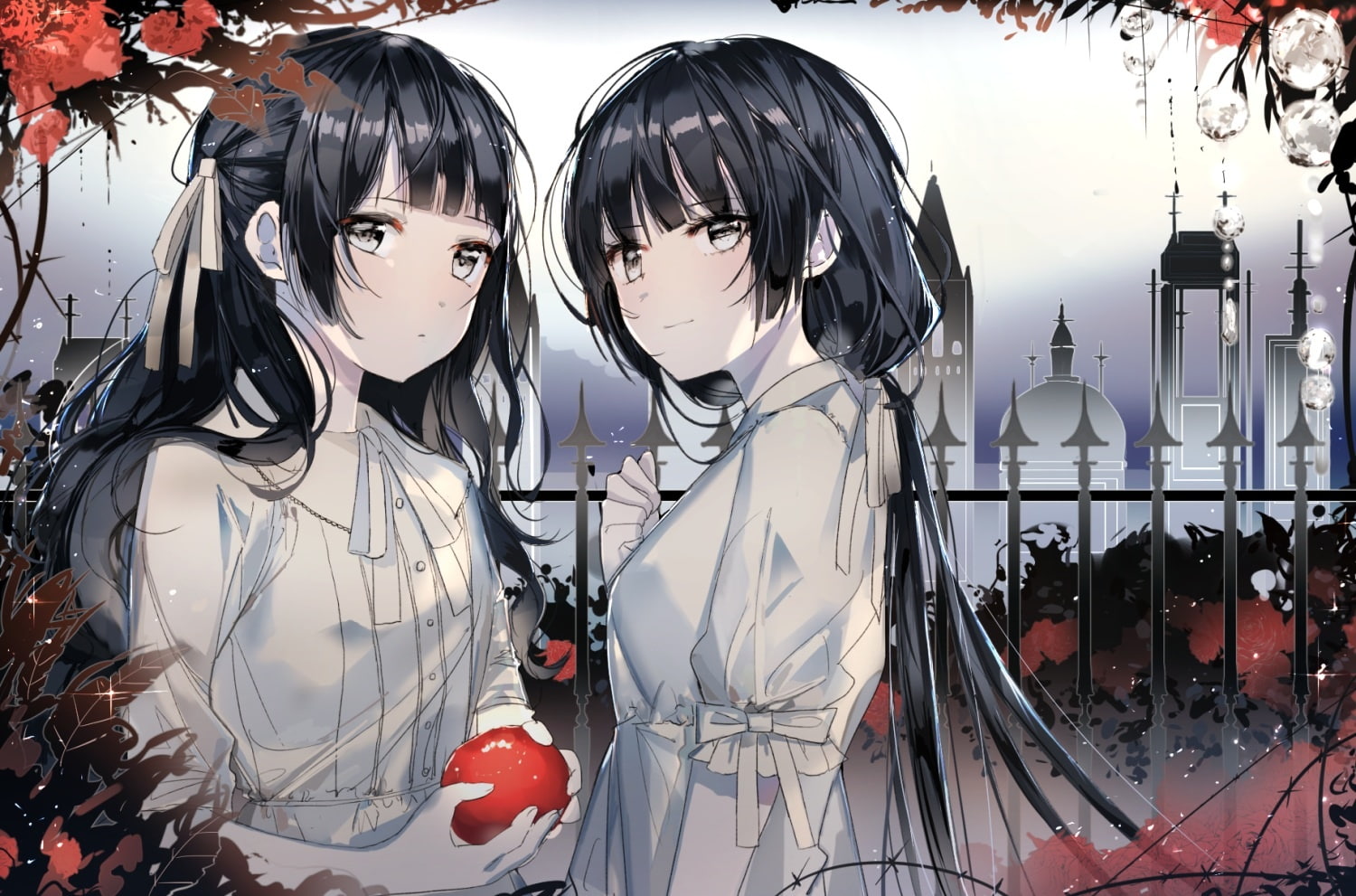 naru, fruit, dress, 720P, hair, konachan, com, apple, black, original, food, (ul), polychromatic, 250073, long, 2girls, HD Wallpaper