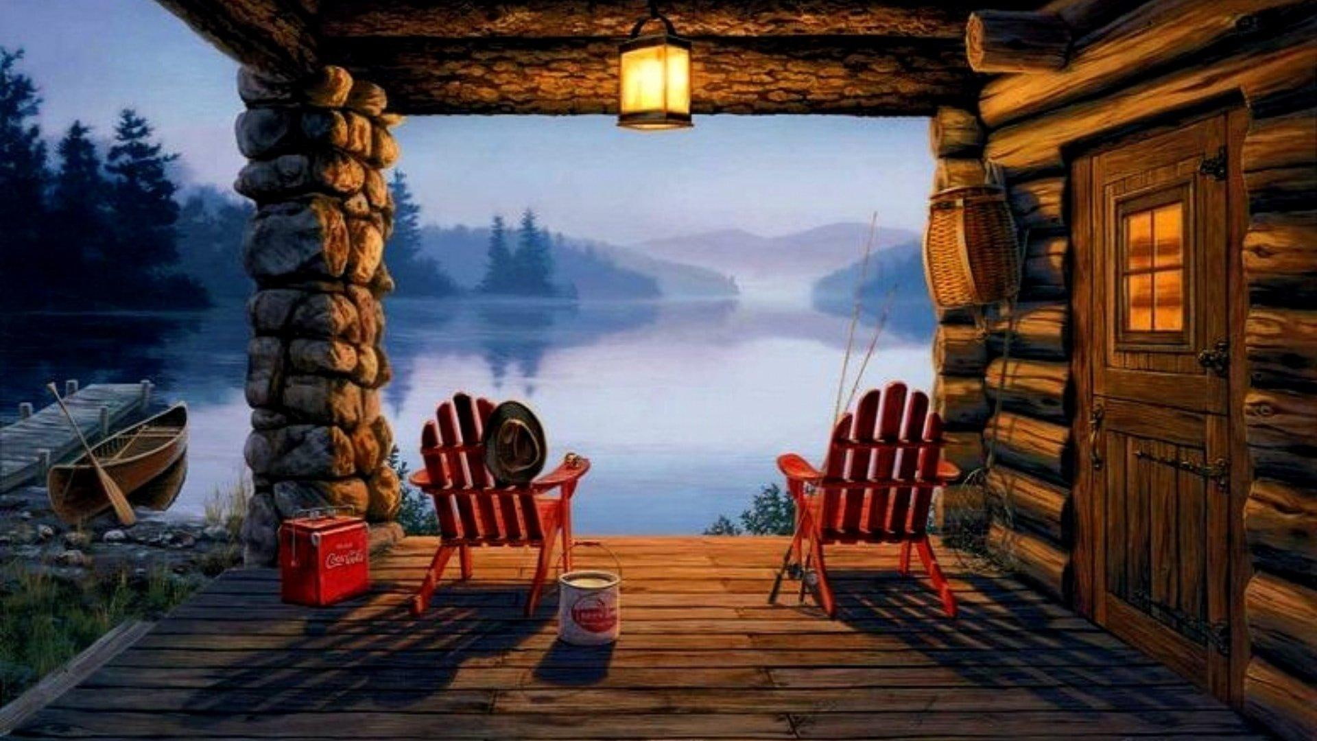 fishing, 3d and abstract, 1080P, cabin, lake, trees, HD Wallpaper