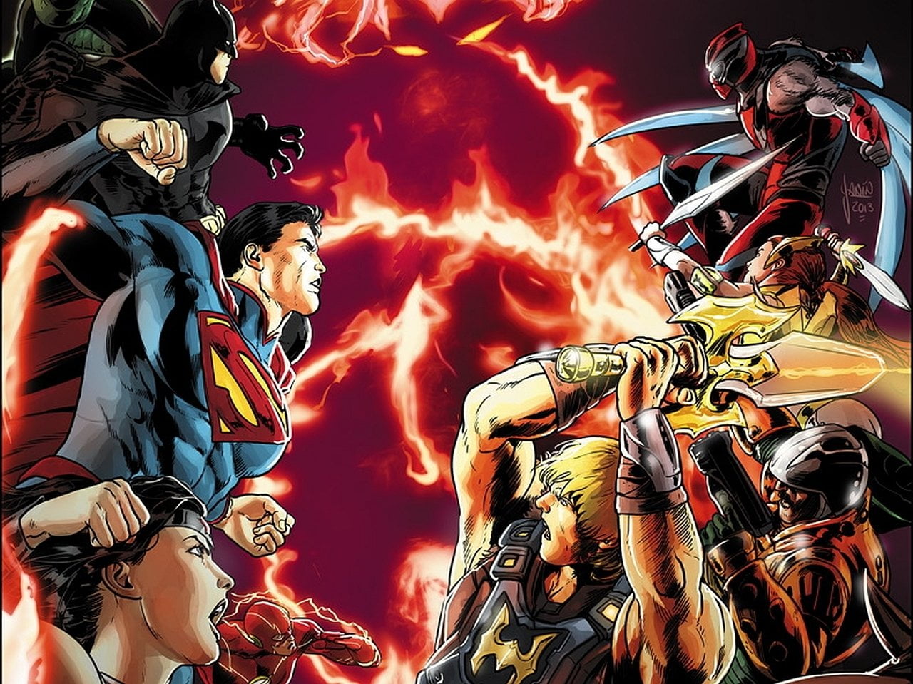 Batman, adult, Wonder Woman, crowd, outdoors, night, 720P, Superman, men, burning, togetherness, dC universe vs. the master of the universe, low angle view, HD Wallpaper