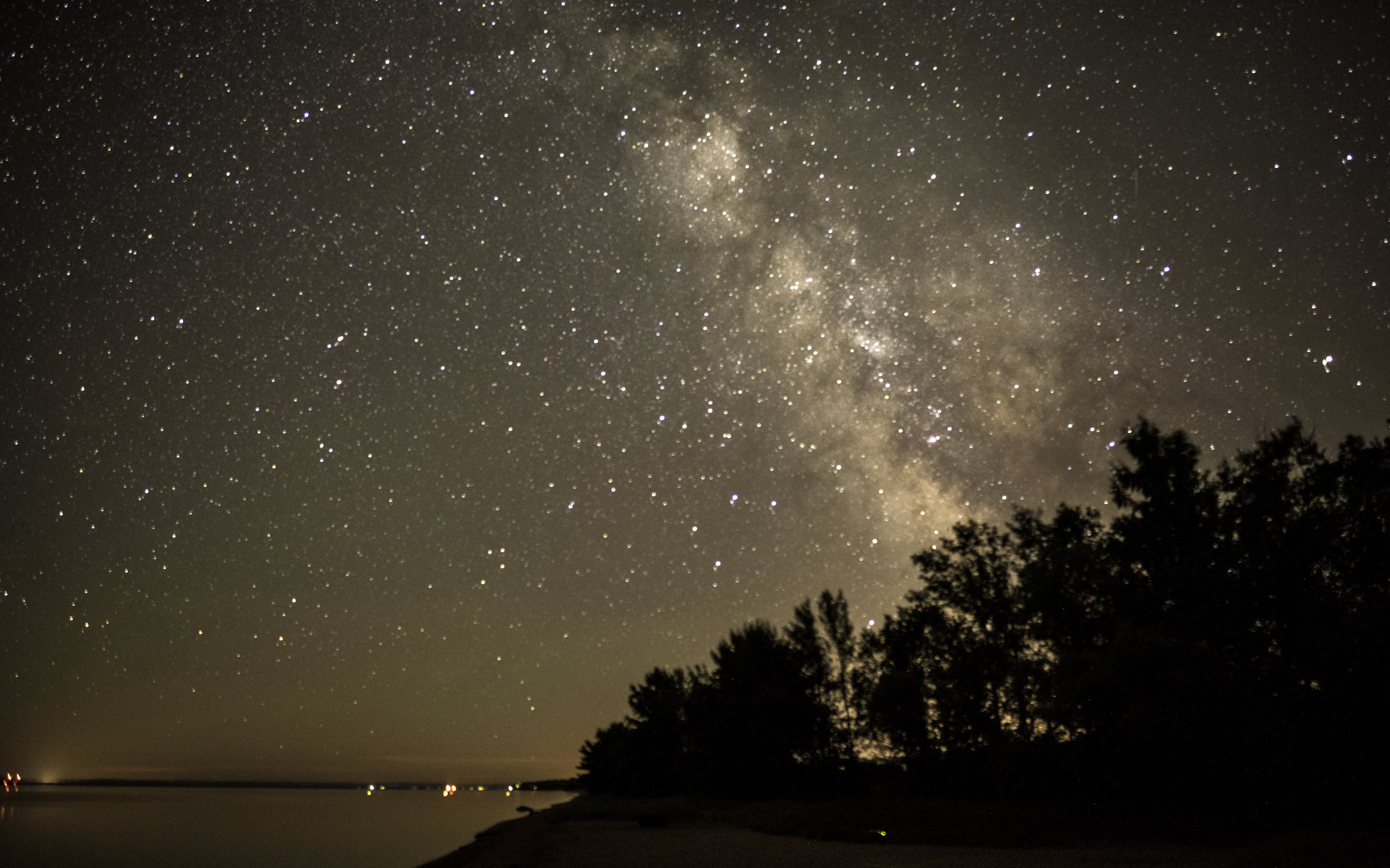 galaxy, astronomy Telescope, wisconsin, bayfield, water, tranquil scene, stars, Trees, scenics - nature, public domain, lake superior, beauty in nature, HD Wallpaper