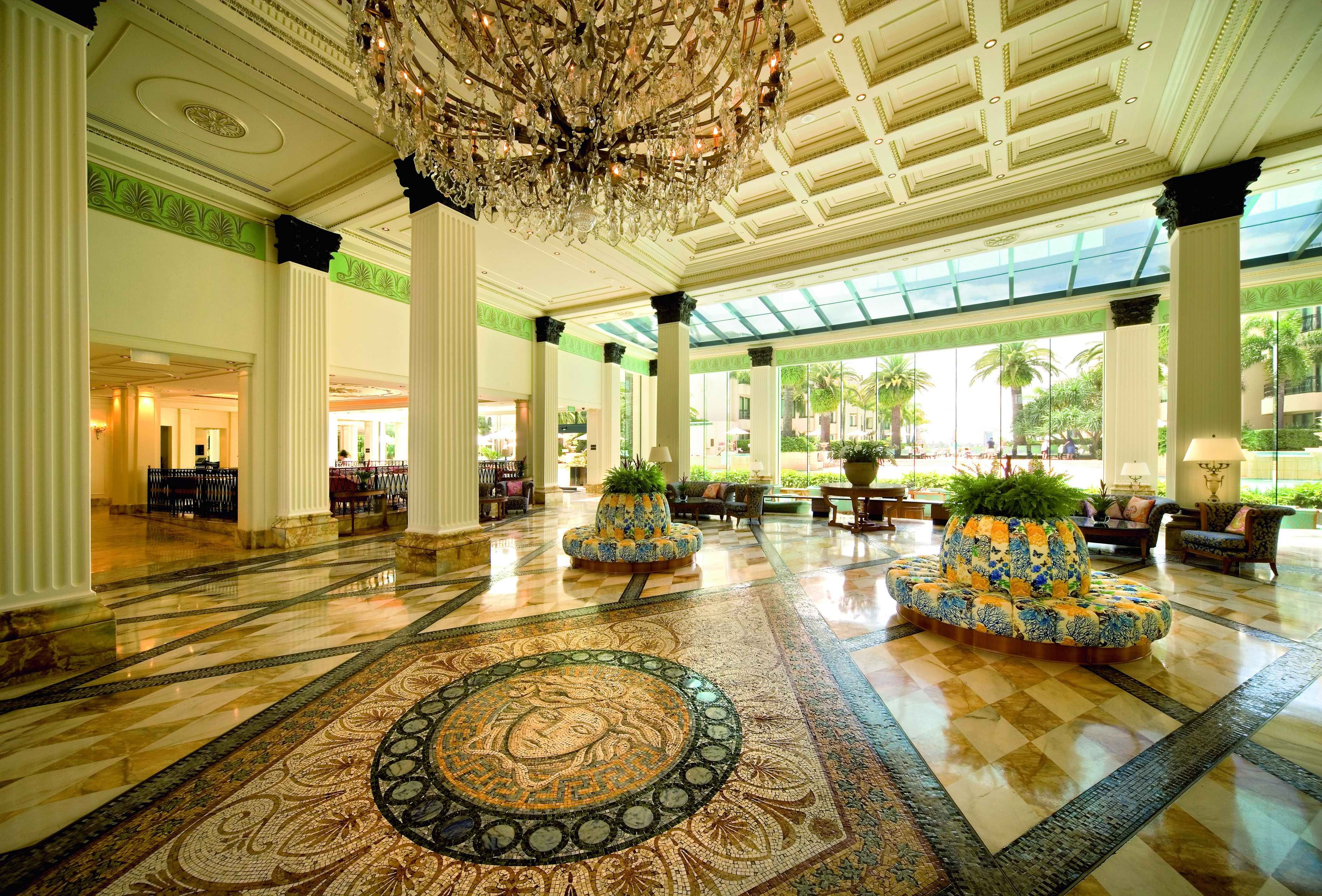 Australia, hall, tree, table, building, architecture, Palazzo Versace Hotel, furniture, black, design, the hotel, built structure, gold, ceiling, hotel, HD Wallpaper