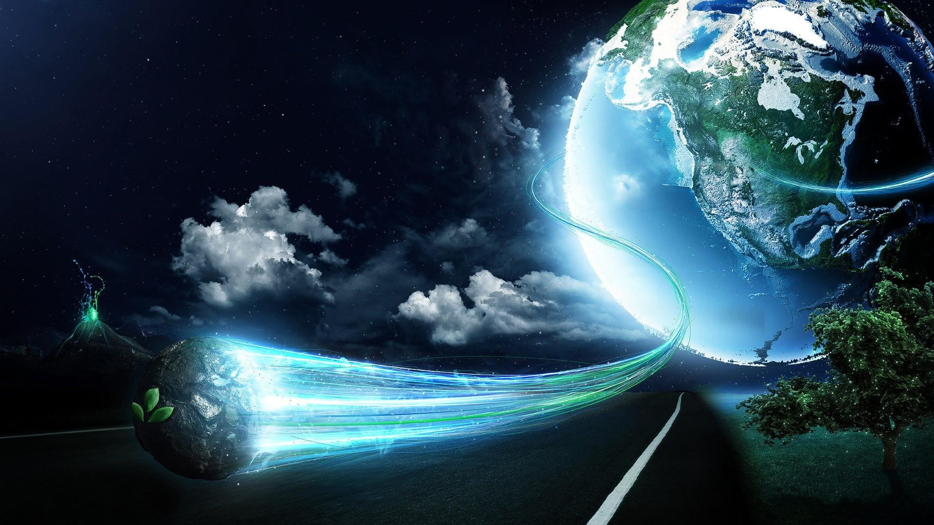 earth, night sky, tree, dark, digital art, line, lights, fantasy art, 1080P, planet, HD Wallpaper