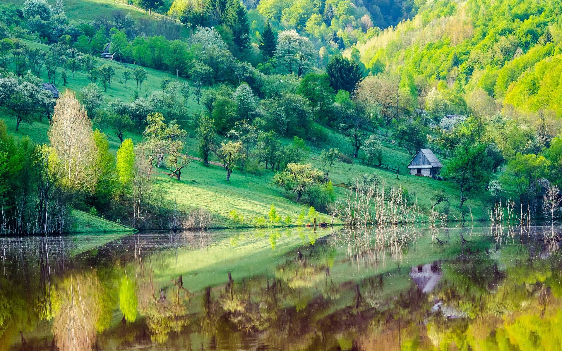 Scenery, Mountain, House, Reflection, Water, Trees, Slope, 1080P, Lake, Spring, HD Wallpaper
