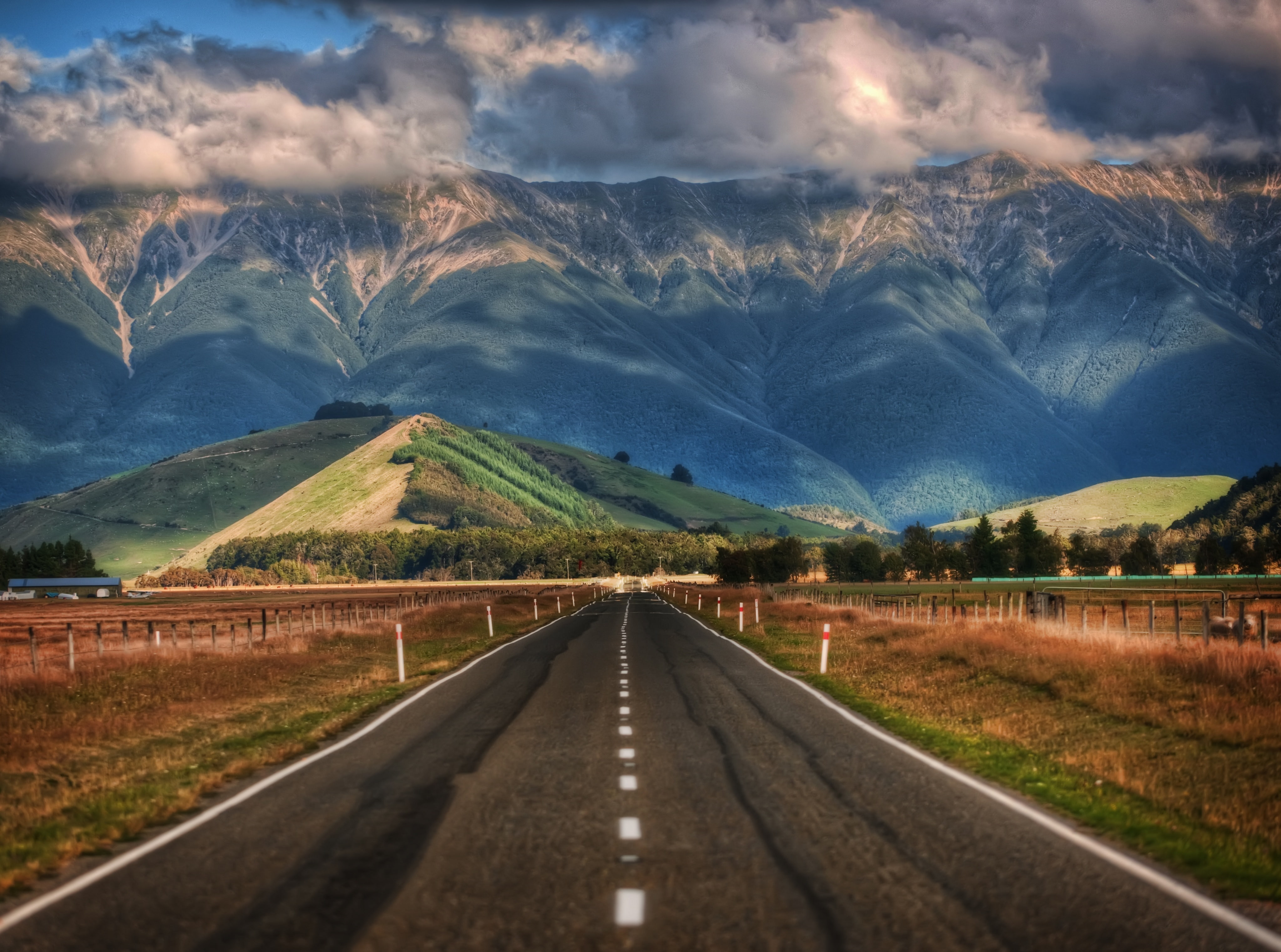 black, tranquility, sign, 4K, zealand, asphalt, transportation, Road, Nature, direction, Clouds, Mountain, the way forward, non-urban scene, long, no people, HD Wallpaper