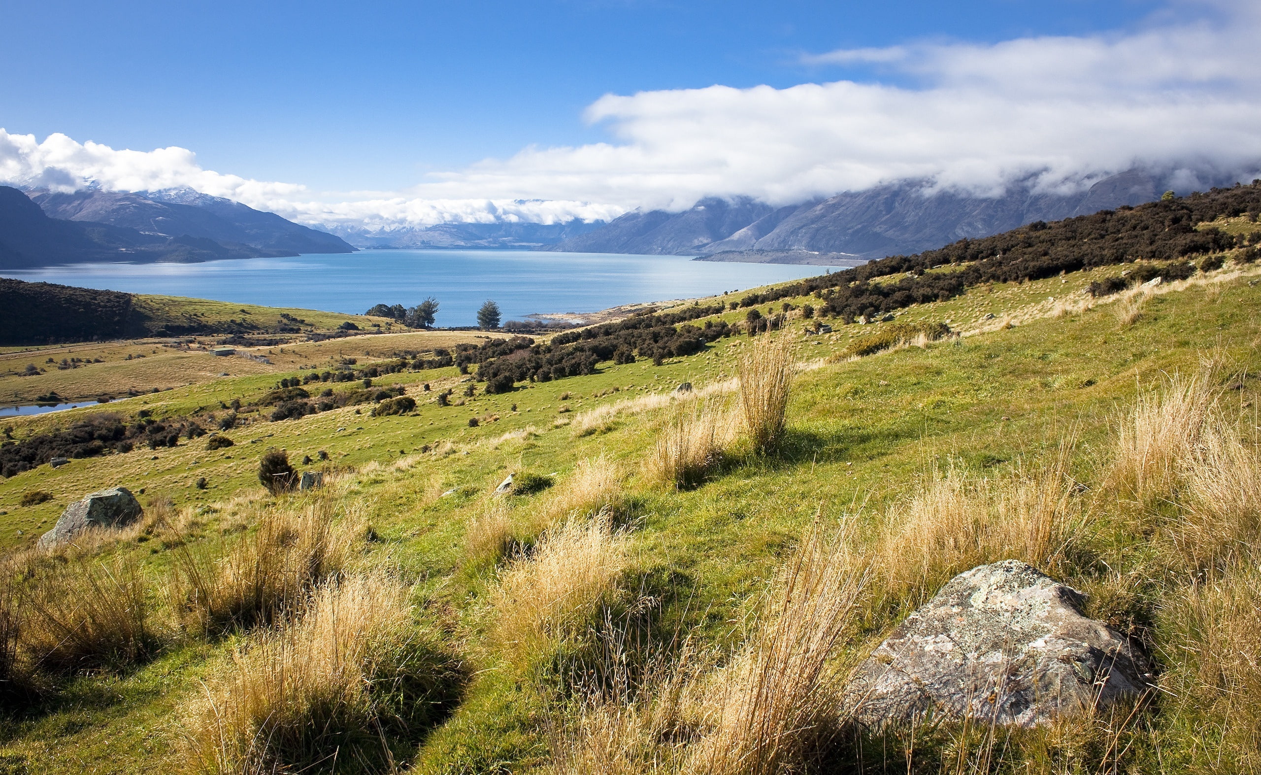 day, mountain range, tranquil scene, nature, sky, beauty in nature, remote, plant, water, grass, green, Zealand, outdoors, non-urban scene, idyllic, cloud - sky, HD Wallpaper