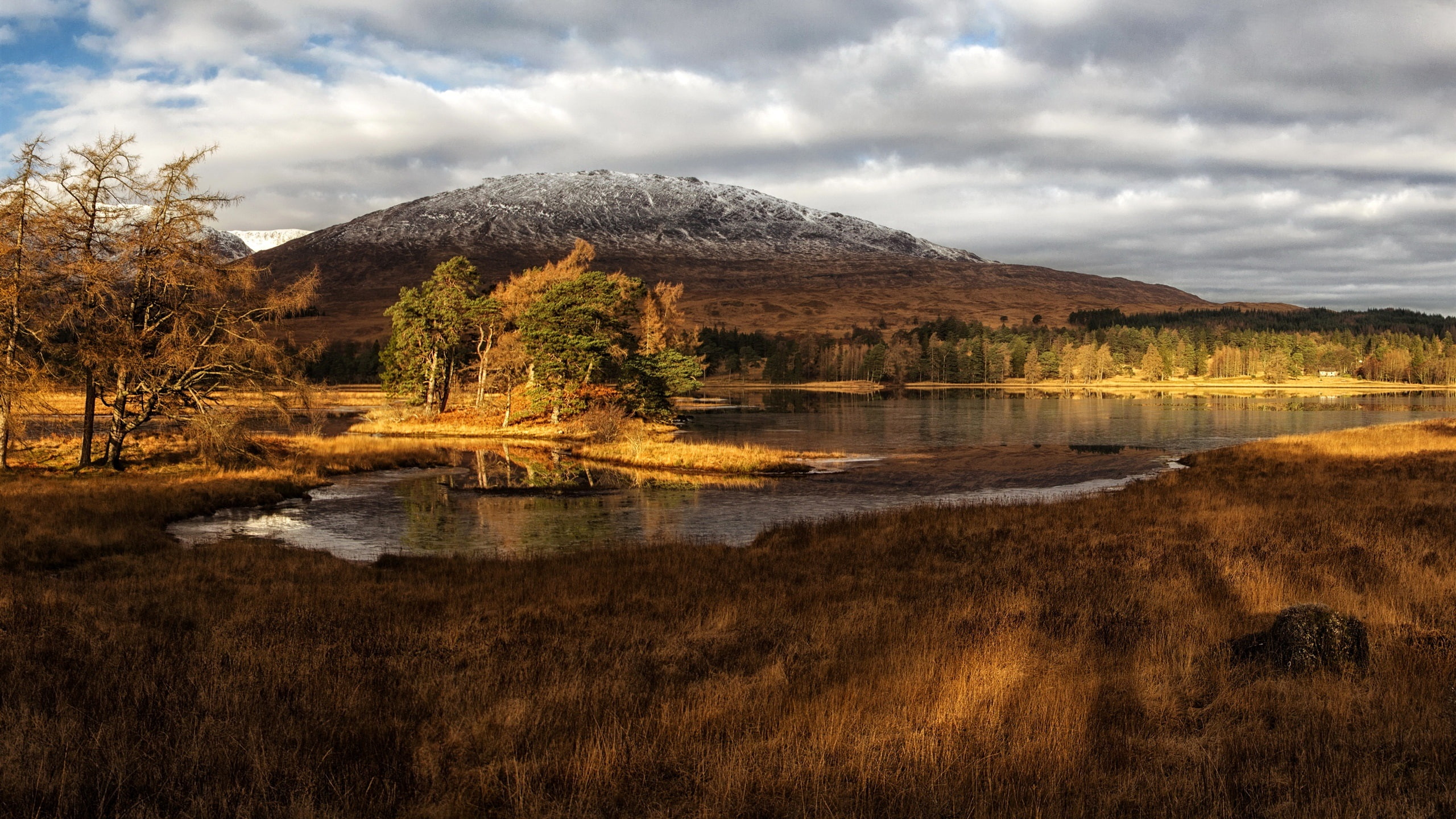 Grass, Scotland, Lake, Mountains, Scenery, 2K, Clouds, Trees, Dusk, HD Wallpaper