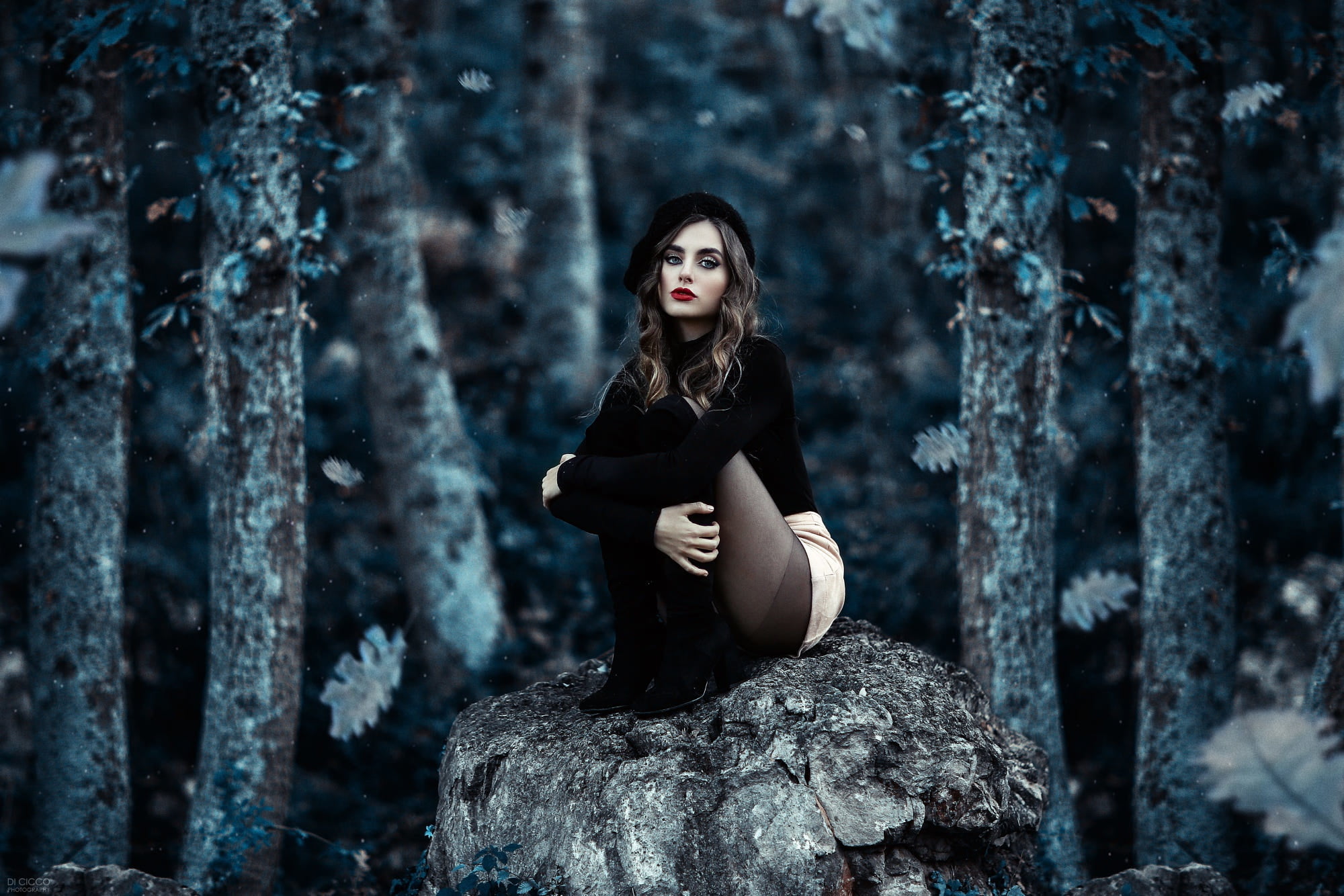forest, hair, women, dress, outdoors, women outdoors, fashion, nature, clothing, Alessandro Di Cicco, young women, rock, trees, tree, model, red lipstick, HD Wallpaper