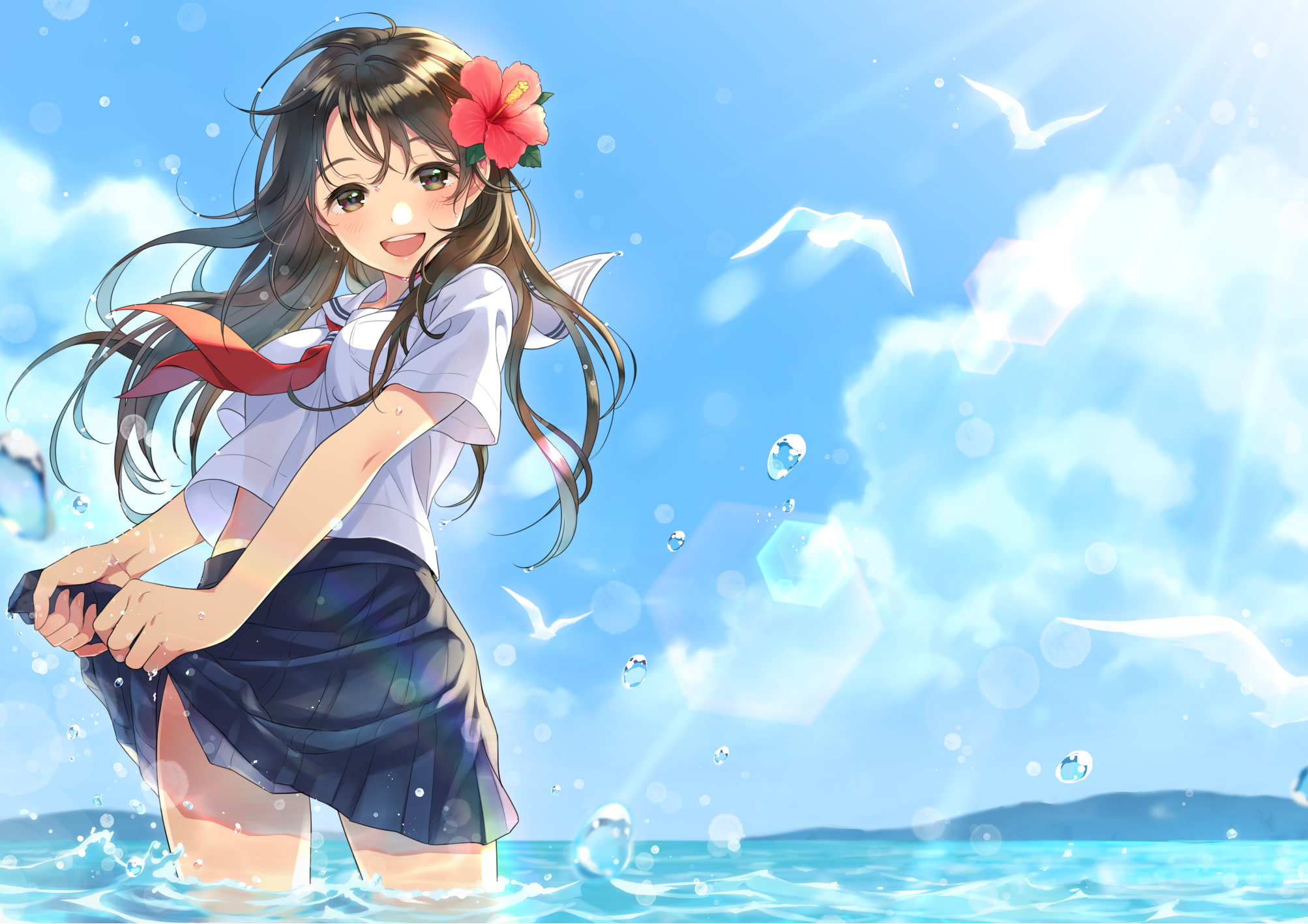 sea, leisure activity, portrait, one person, full length, water drops, lifestyles, adult, school uniform, young adult, birds, water, big smile, 1080P, HD Wallpaper