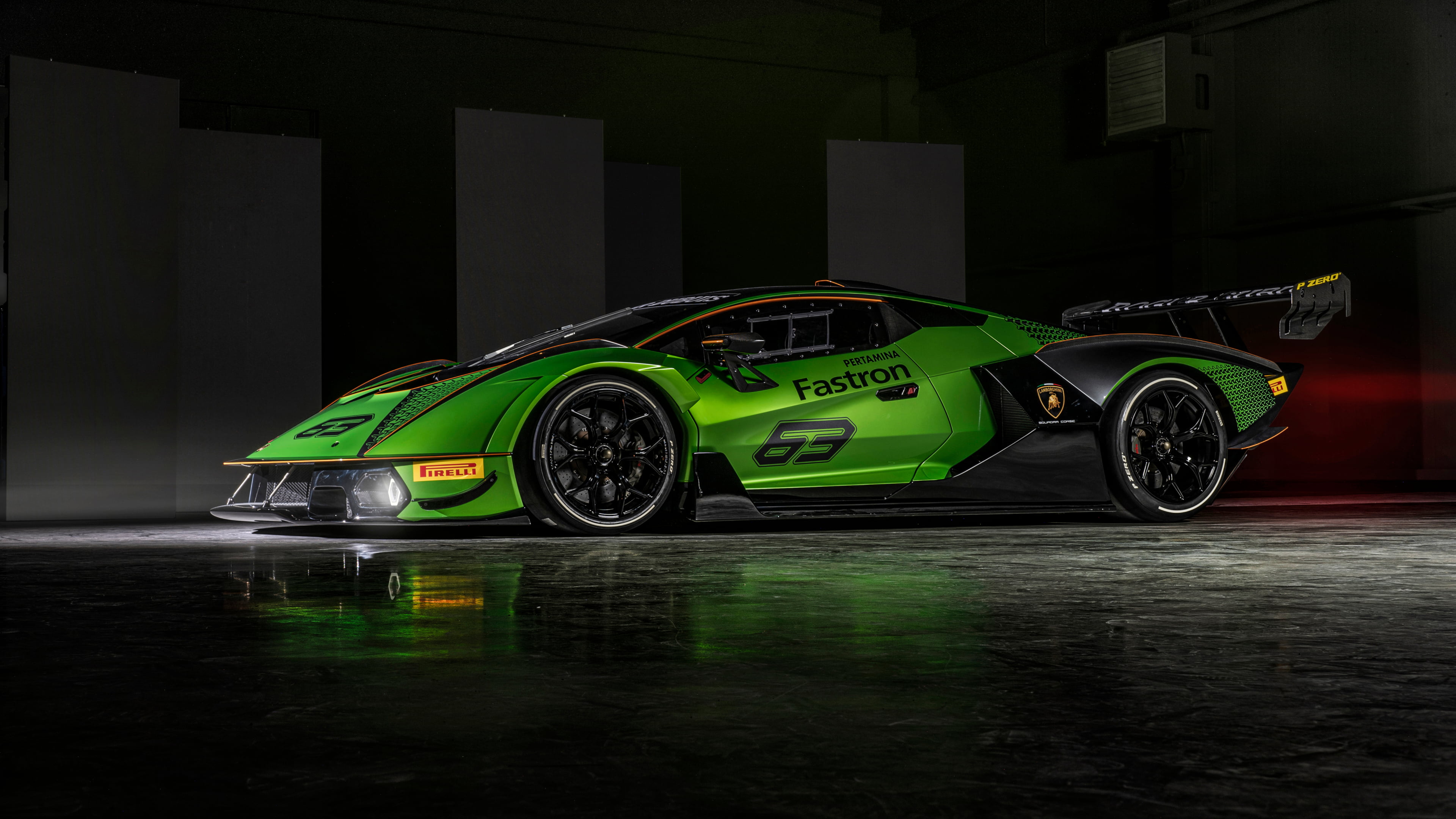 low light, supercars, race cars, spotlights, 4K, green cars, car, Lamborghini Essenza, Italian Supercars, vehicle, HD Wallpaper