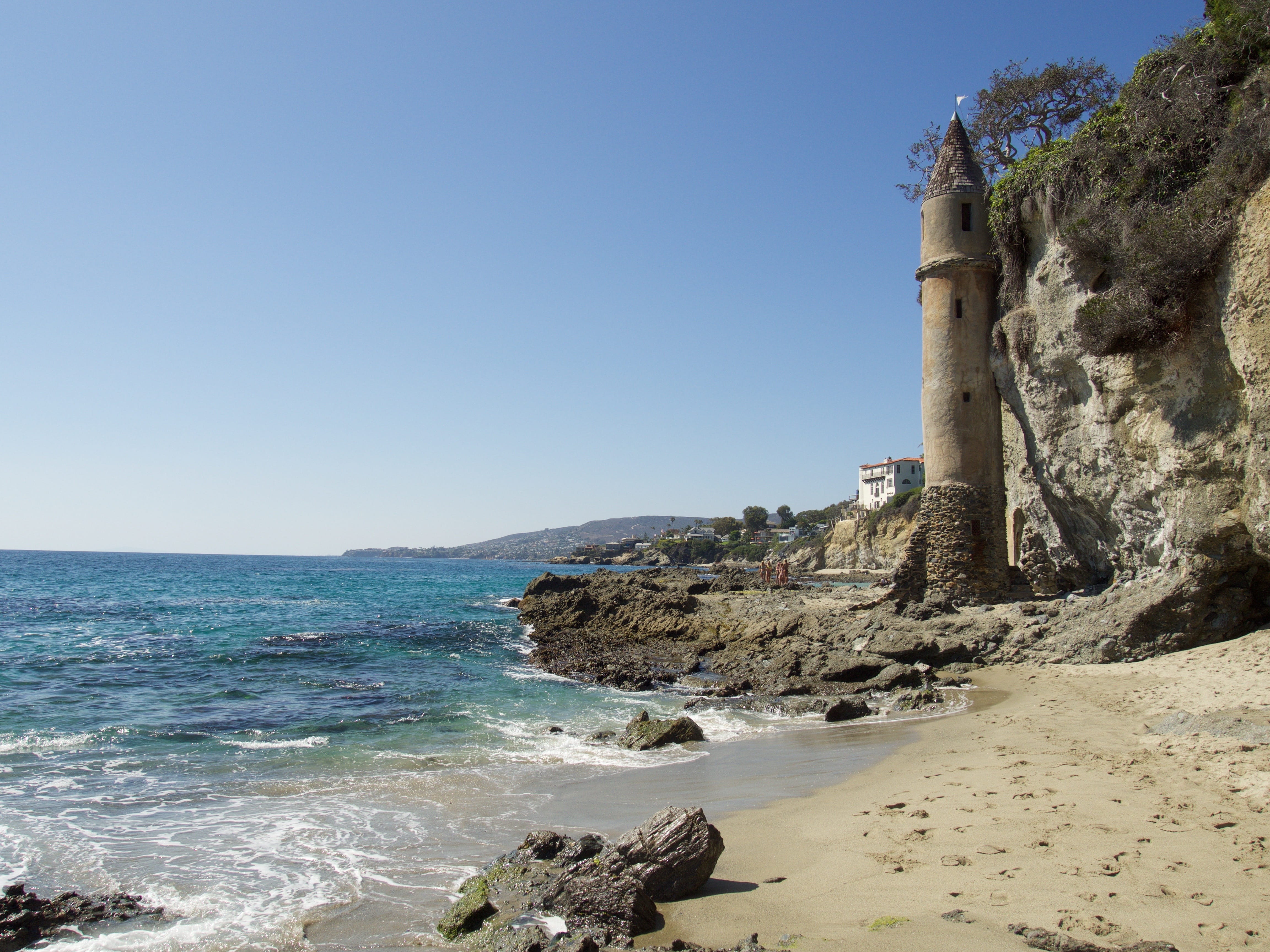clear sky, no people, blue, outdoors, lighthouse, beach, laguna beach, scenics - nature, 4K, land, beauty in nature, water, rock - object, copy space, HD Wallpaper