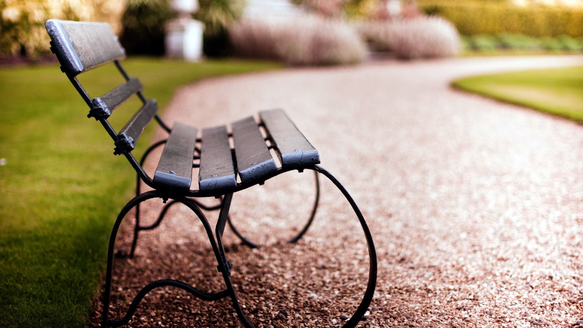depth of field, path, gravel, bench, 1080P, HD Wallpaper