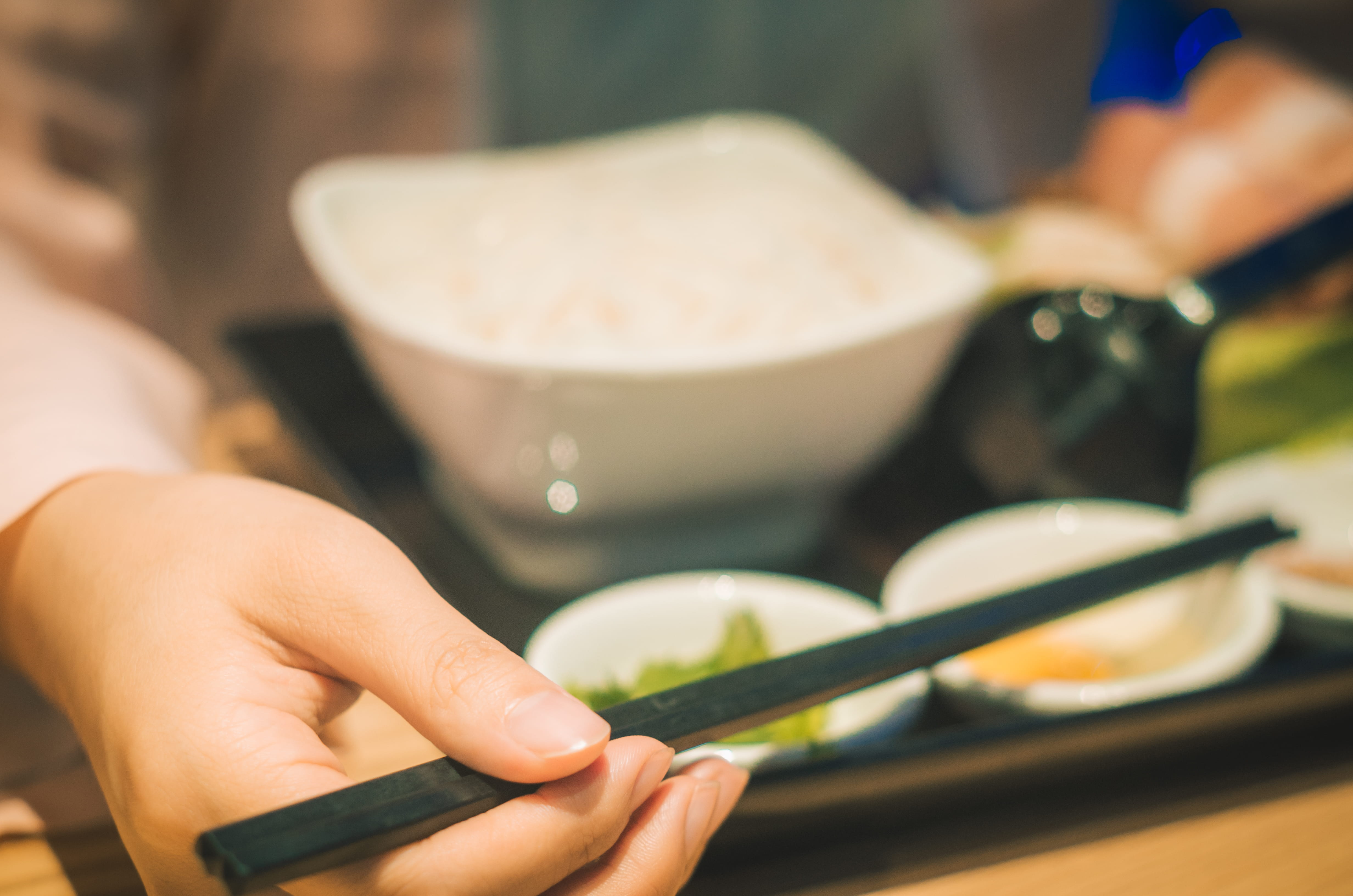 tray, focus on foreground, vegetable, midsection, business, indoors, human hand, spoon, hand, chopsticks, cutlery, dessert, eating, 4K, healthy eating, HD Wallpaper