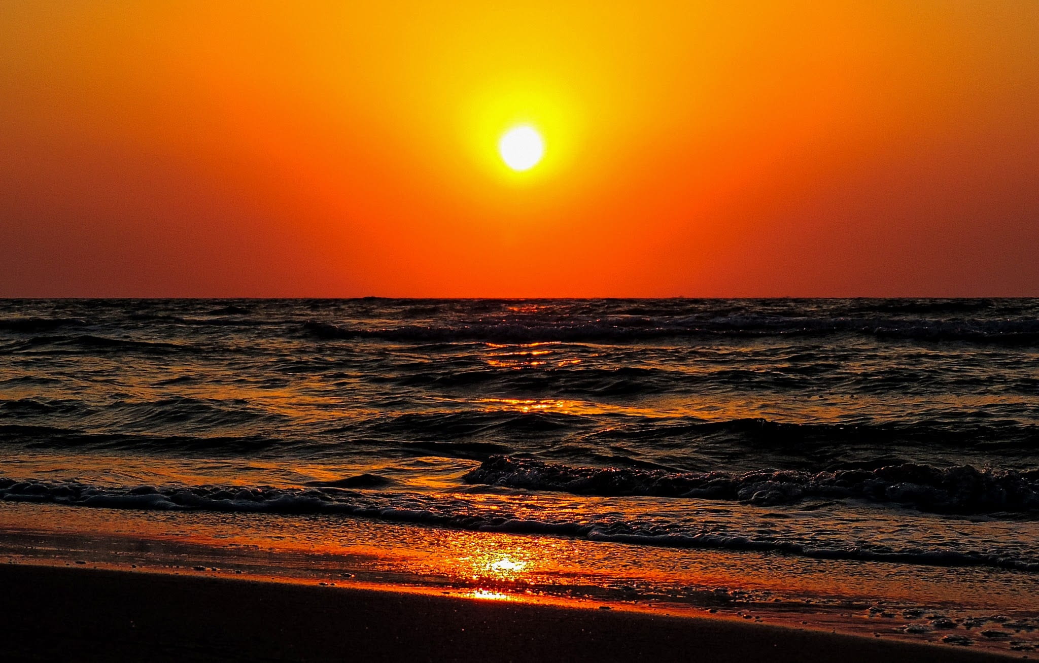 sea, sunset, motion, sun, horizon over water, tranquil scene, romantic sky, waters, reflections, sand, beauty in nature, nature, greece, orange color, kos, HD Wallpaper