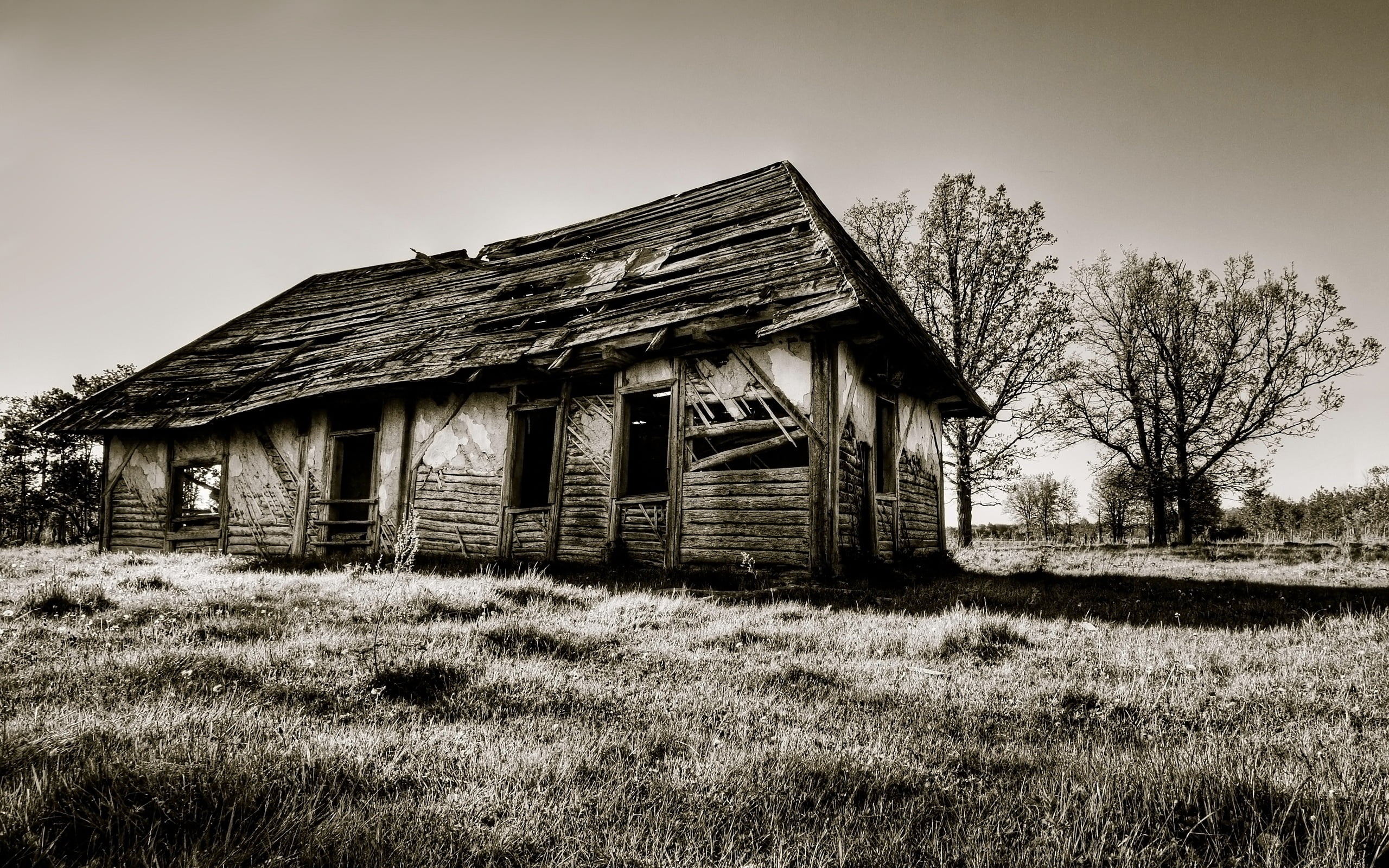 2K, wooden, shack, architecture, wood - Material, black-and-white, old, village, building, door, nature, non-Urban Scene, rotting, history, rustic, sky, HD Wallpaper
