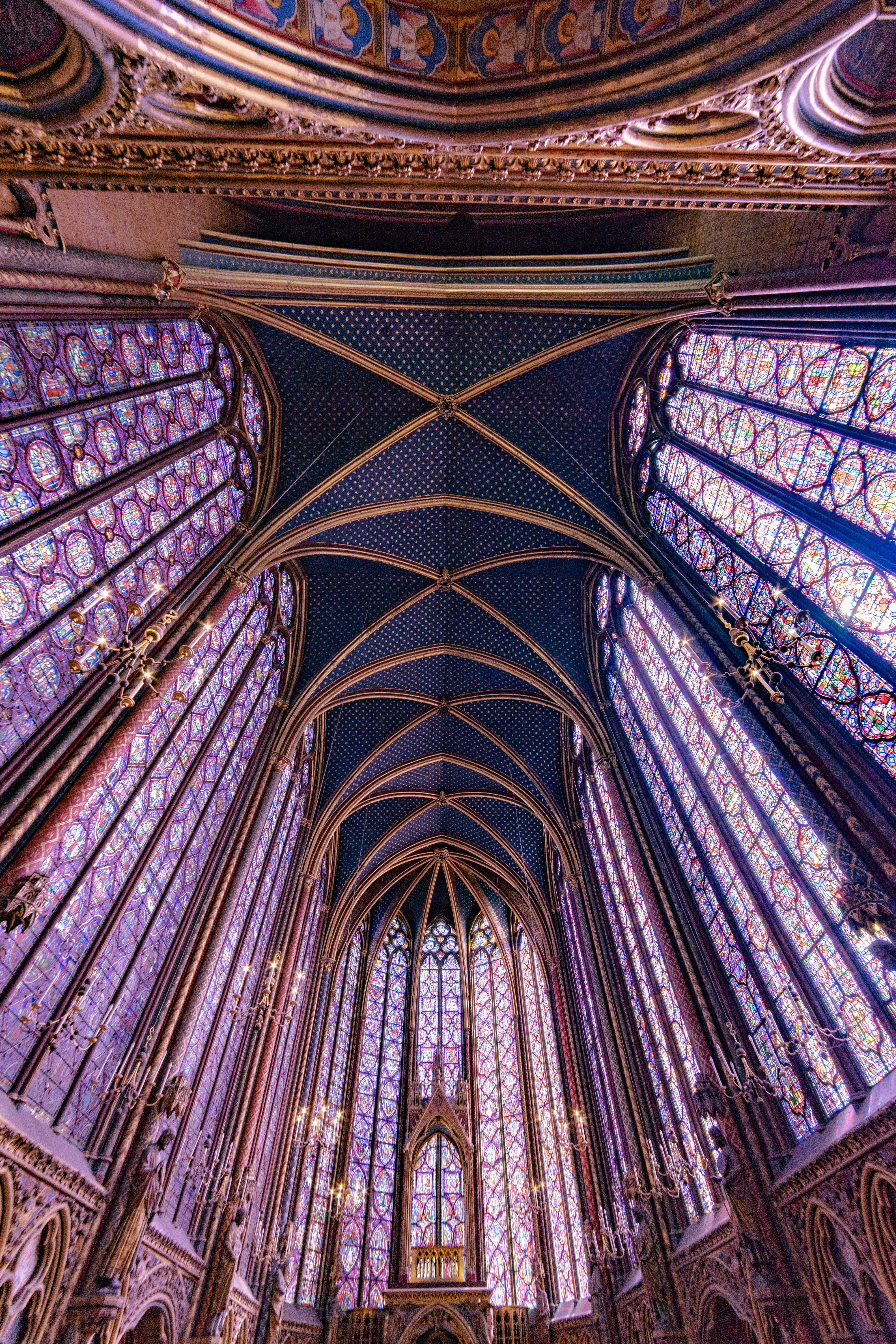super wide angle, ultra wide angle, building exterior, saint-chapelle, travel destinations, arched, religion, art, purple, stained glass, built structure, Phone HD Wallpaper