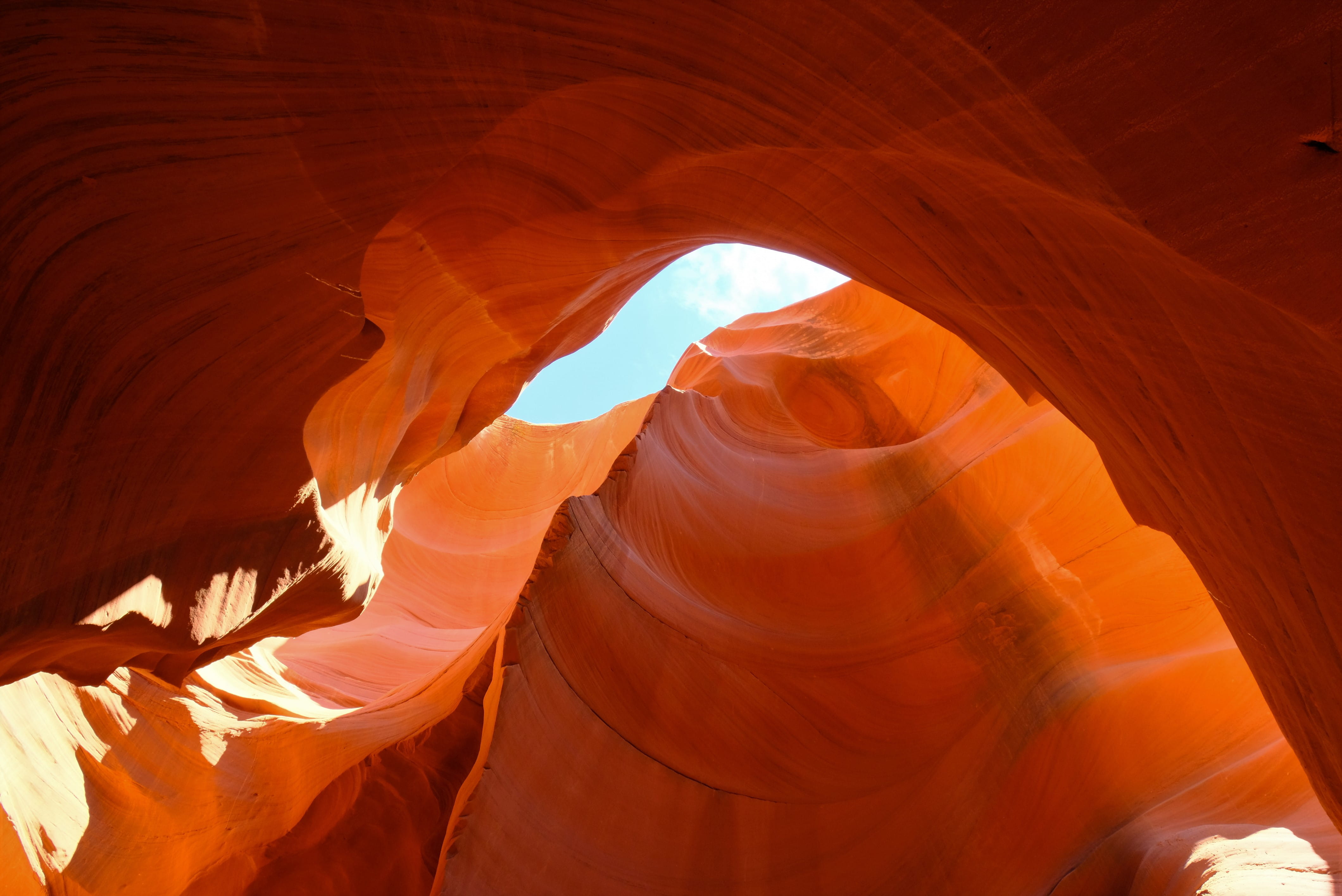 nature, sandstone, lower antelope canyon, travel, tranquility, 4K, directly below, united states, natural pattern, solid, eroded, physical geography, geology, HD Wallpaper