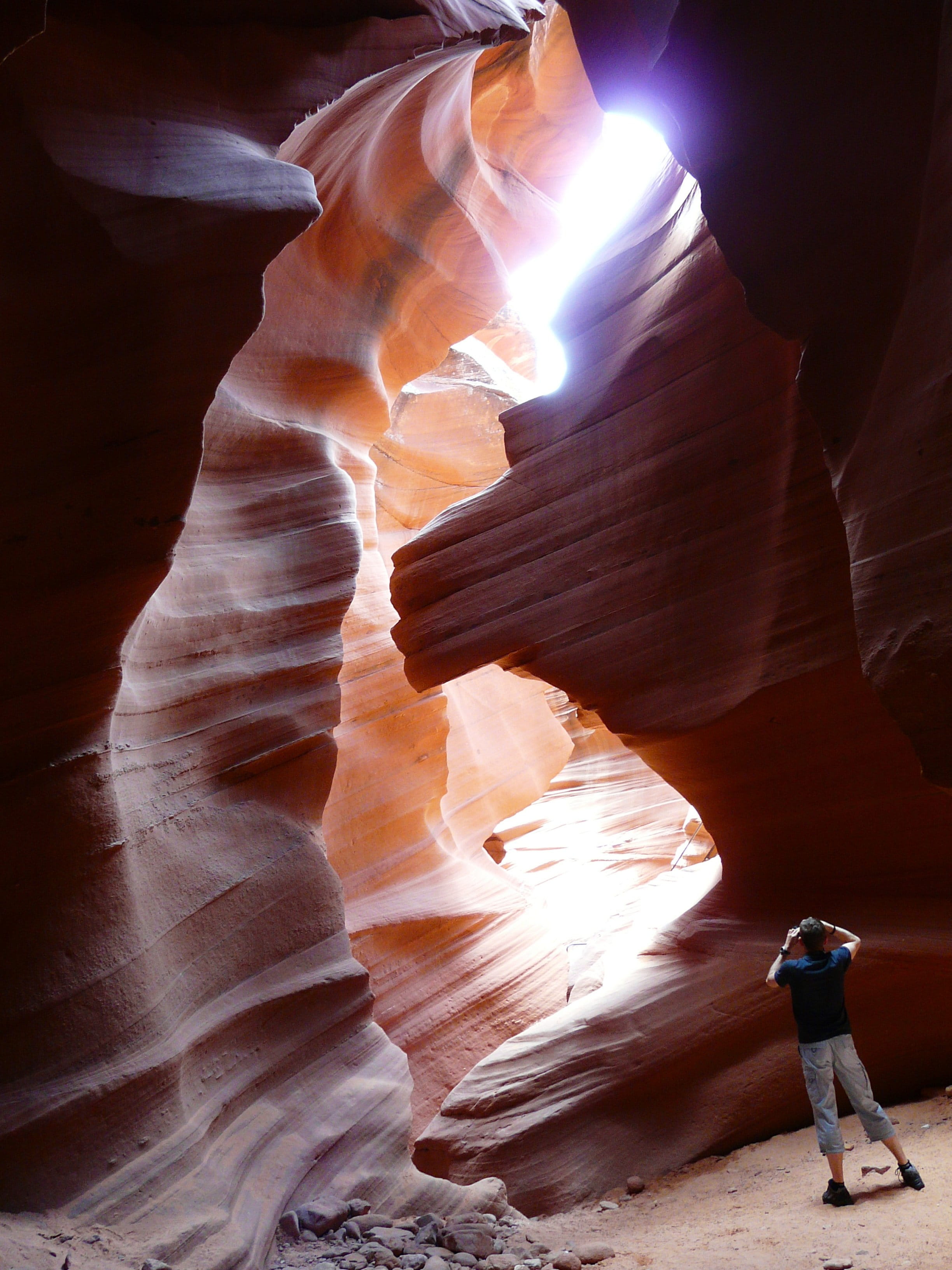 non-urban scene, sand stone, arizona, usa, nature, light, 2K, man in blue, human, sandstone, standing, solid, photographer, man, gorge, antelope canyon, Phone HD Wallpaper
