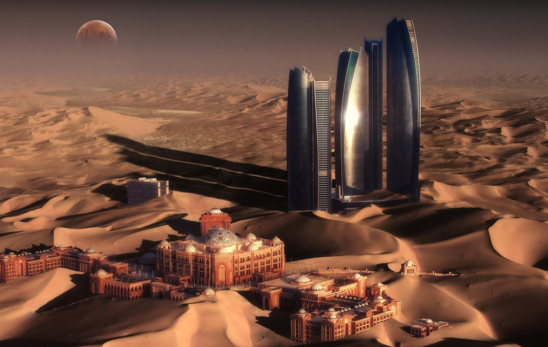digital composite, night, landscape, digital art, built structure, desert, nature, environment, scenics - nature, high angle view, skyscraper, Moon, indoors, HD Wallpaper