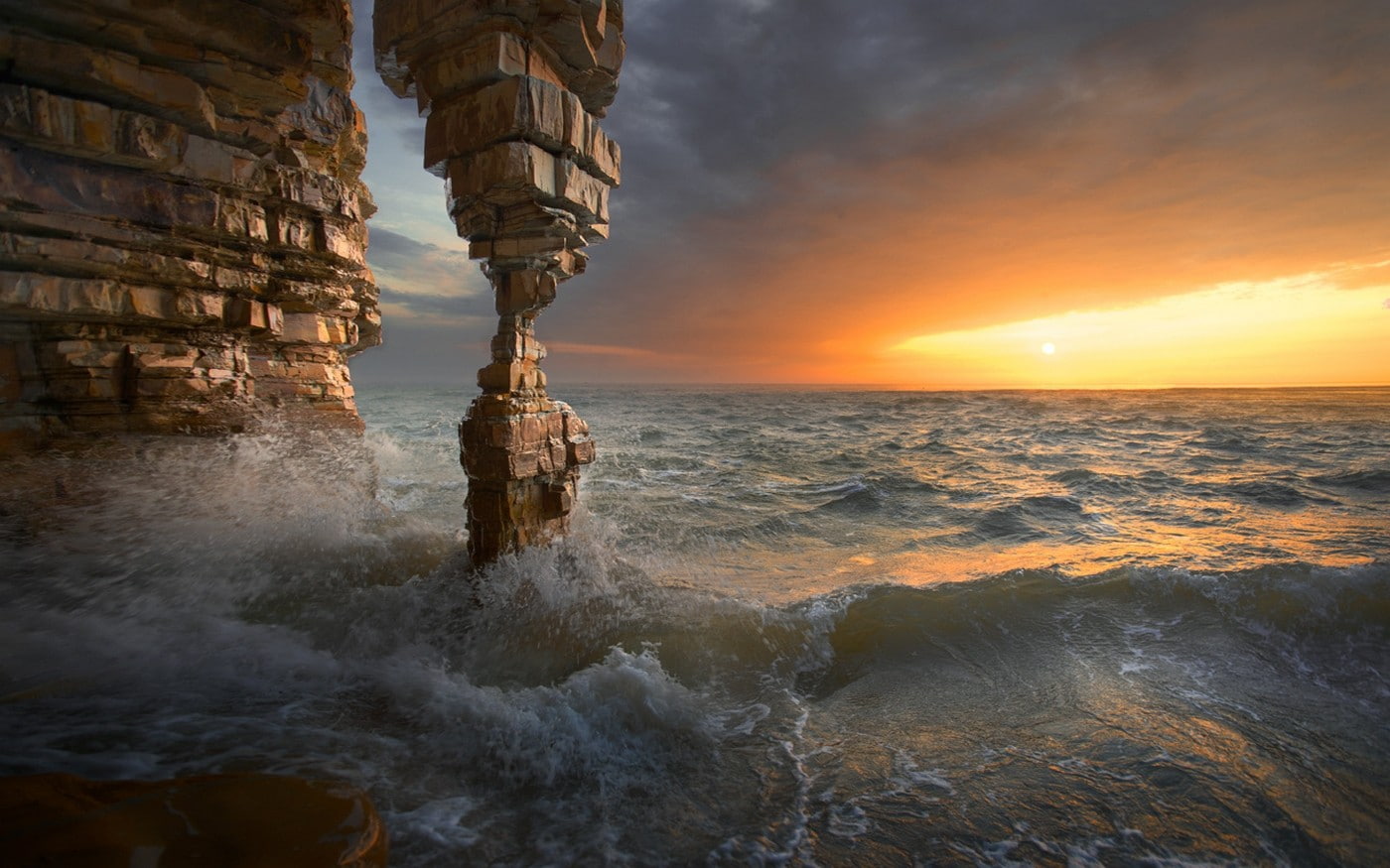 sky, erosion, 720P, coast, clouds, sunset, nature, landscape, China, cave, sea, rock, water, HD Wallpaper
