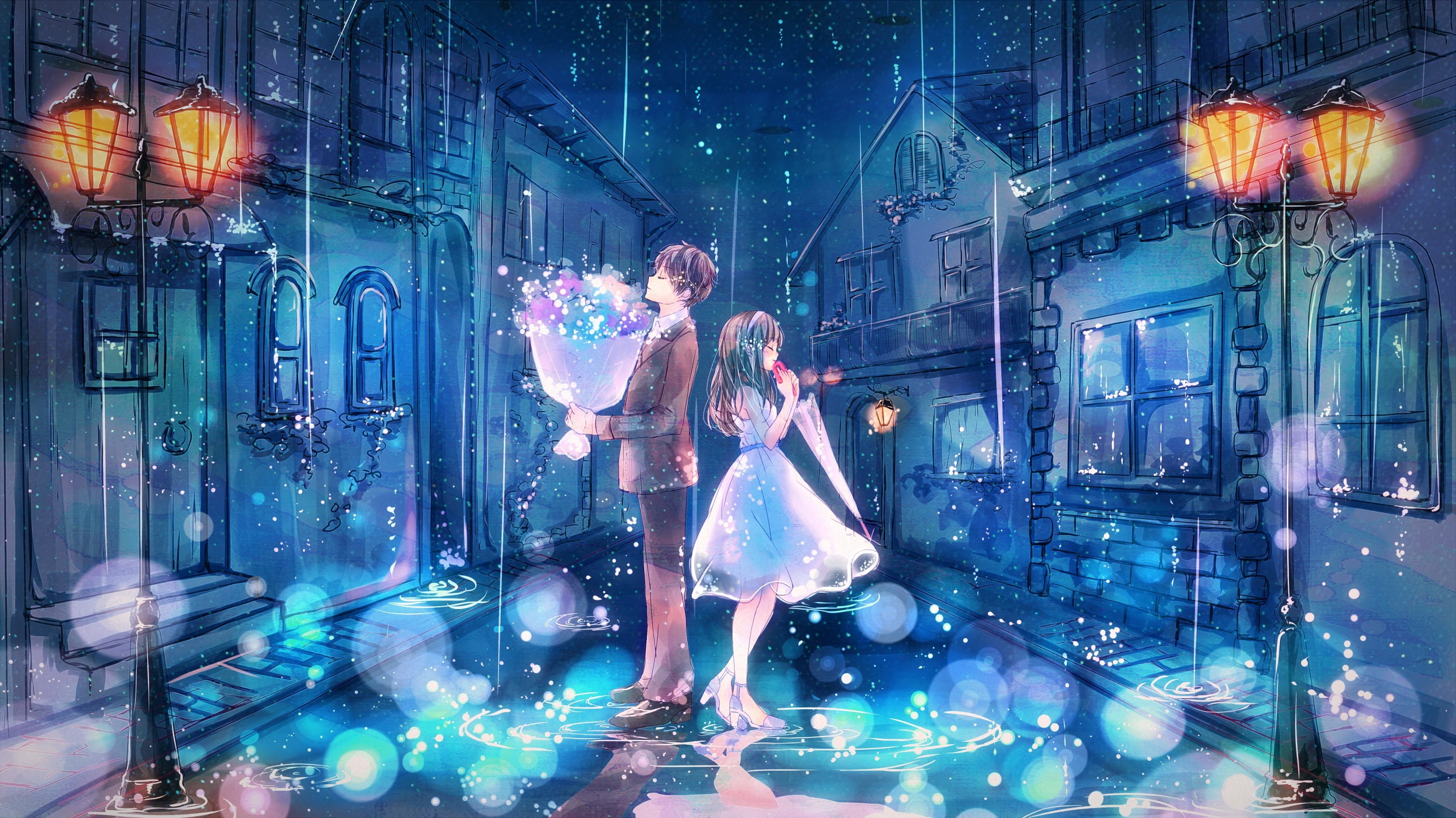 lights, bouquet, rain, home, puddles, art, night, the city, umbrella, two, Tsuitta, closed eyes, water drops, date, 1080P, white dress, street, the guy with the girl, HD Wallpaper