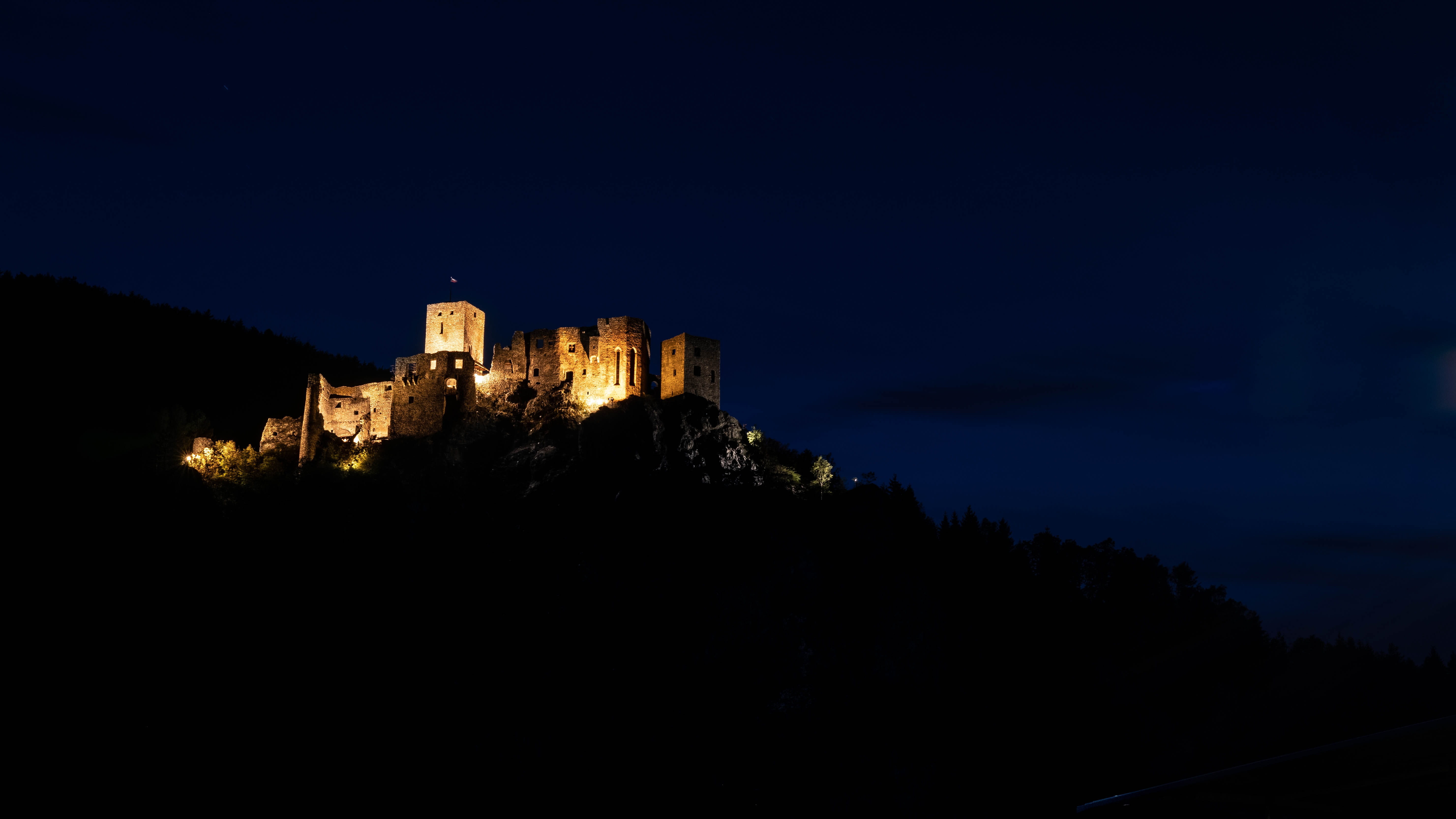 nature, travel, building, castle, mountains, hill, 5K, night, built structure, sky, landscape, light, outdoors, travel destinations, illuminated, travelphotography, HD Wallpaper