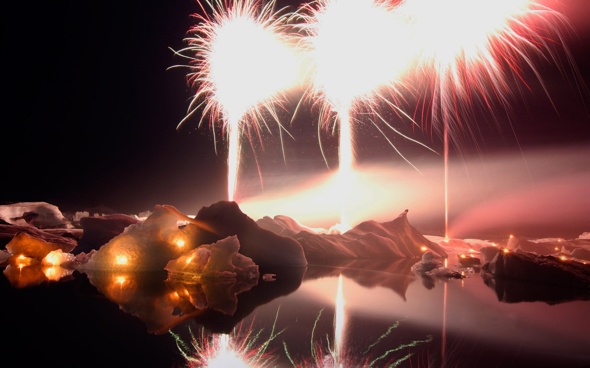 new year, lights, Iceland, lake, night, 1080P, fireworks, Jokulsarlon, HD Wallpaper