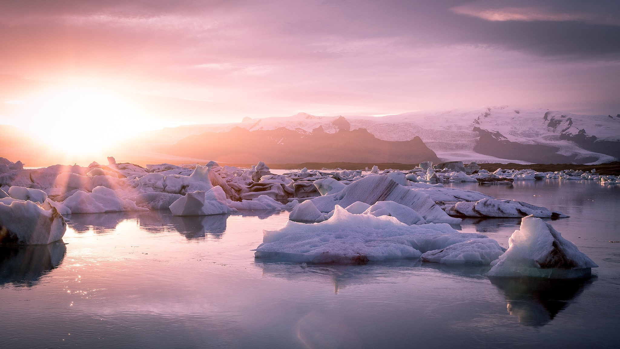 landscape, glaciers lagoon iceland sun nature landscape jokulsarlon, no people, floating on water, cold temperature, winter, sky, water, tranquility, beauty in nature, HD Wallpaper