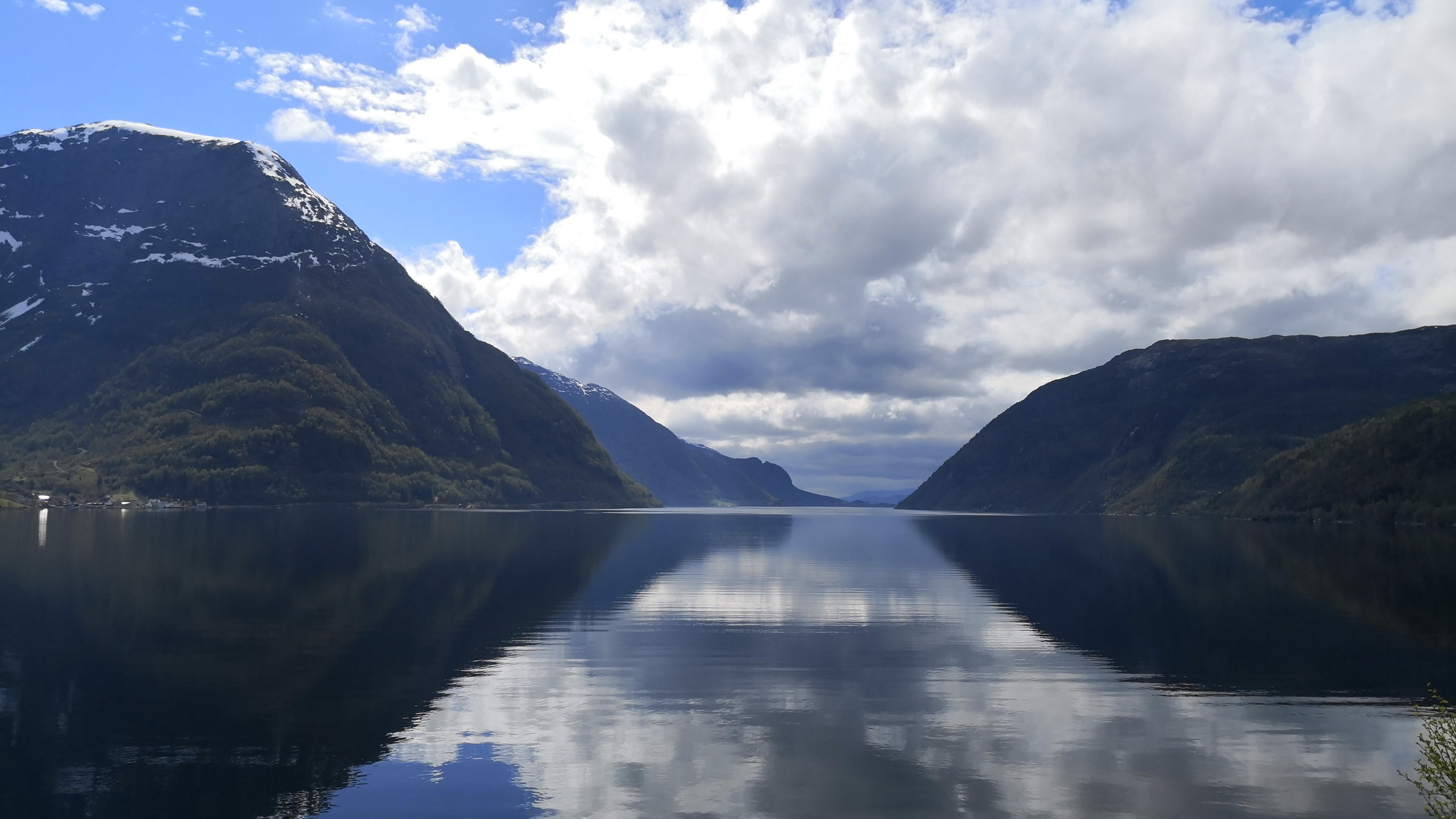 waterfront, hordaland, scenics - nature, no people, reflection, 4K, idyllic, fjord, cloud, cloud - sky, sky, water, landscape, remote, beauty in nature, HD Wallpaper
