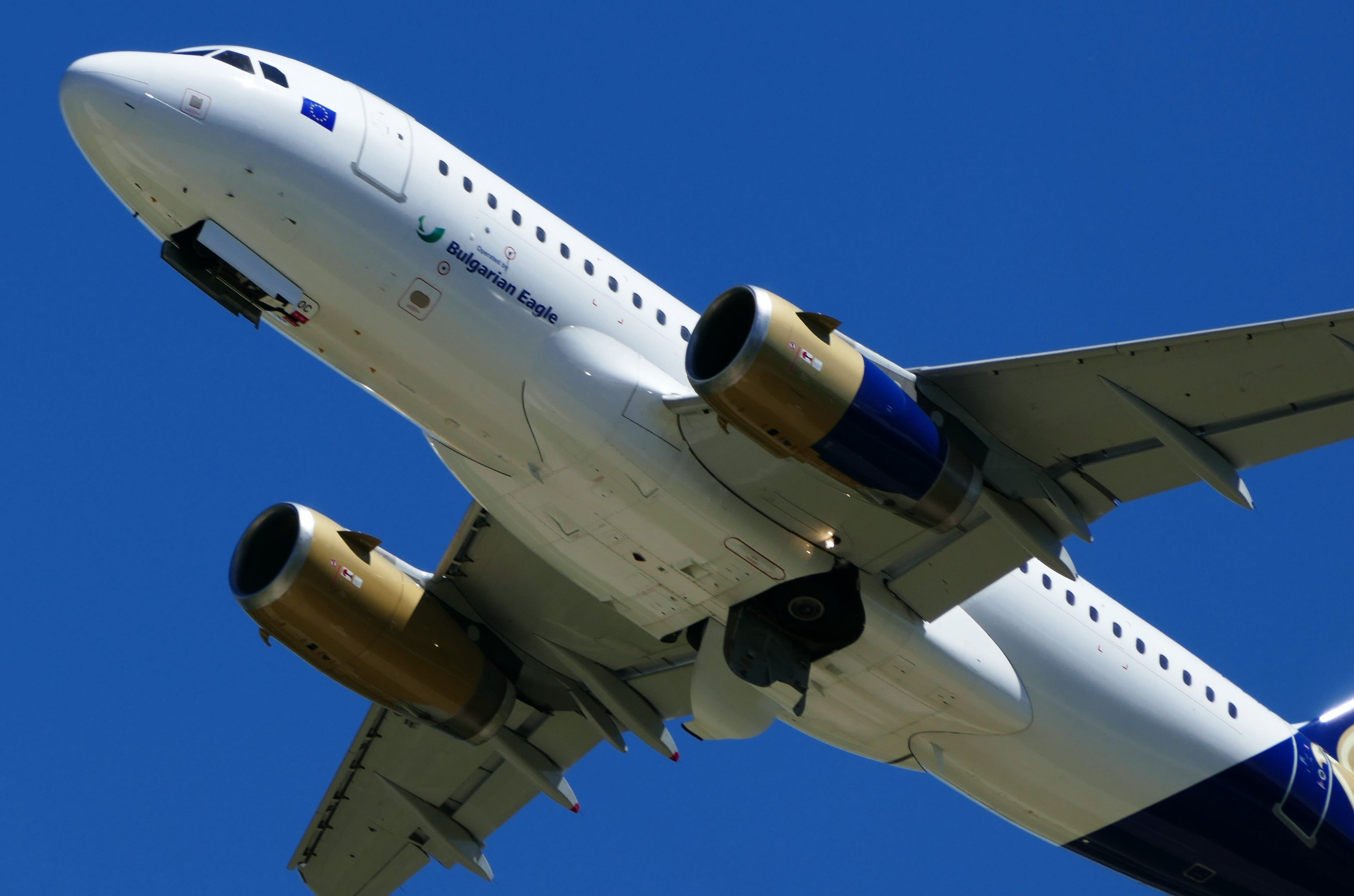 engines, airplane, balls, flying, mode of transportation, motion, 4K, outdoors, aerospace industry, engine, chassis slot, sunlight, a319, day, technology, HD Wallpaper