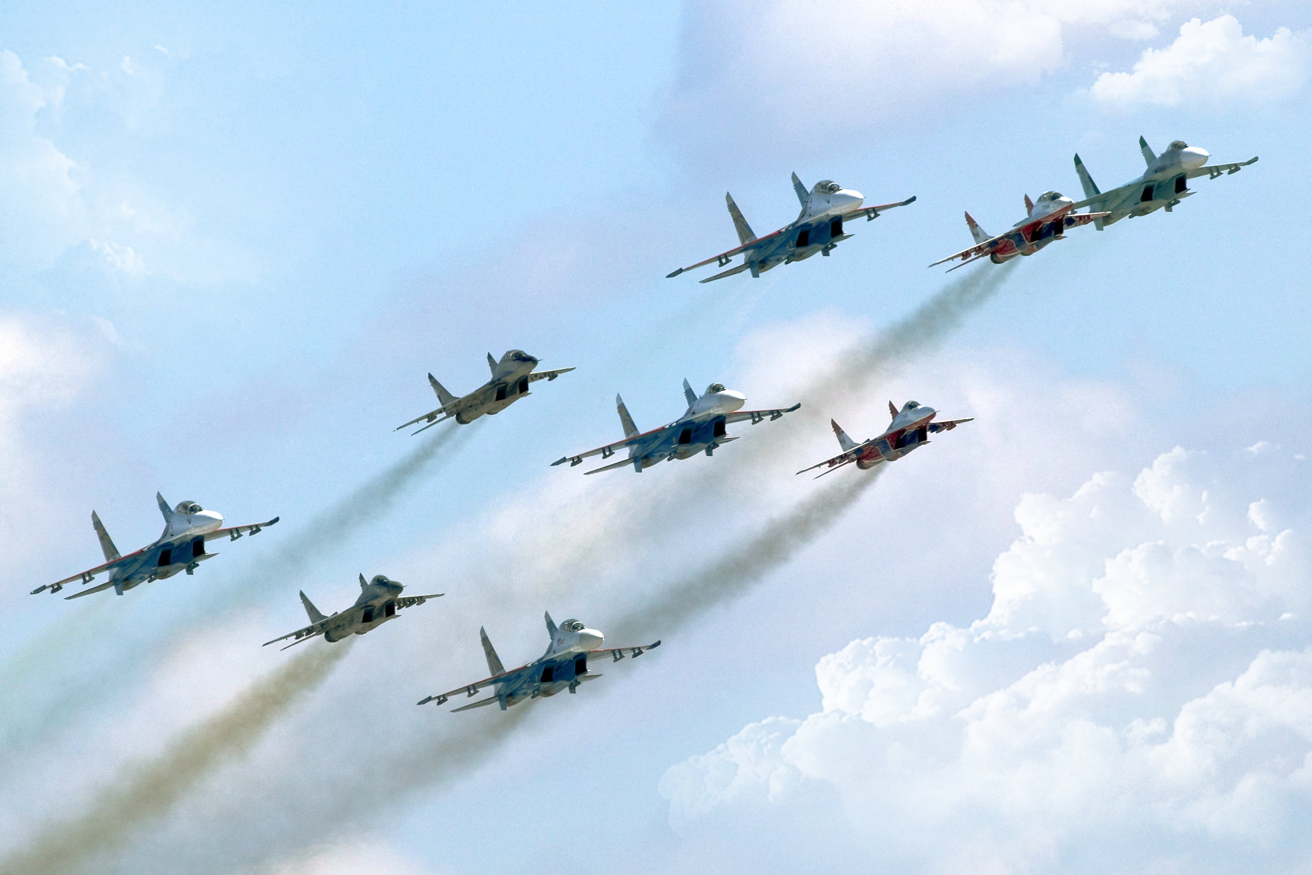2K, jet, army, teamwork, sports activity, cooperation, white, Russian Knights, mode of transportation, In The Air, Russia, cloud - sky, Su 27, The sky, HD Wallpaper