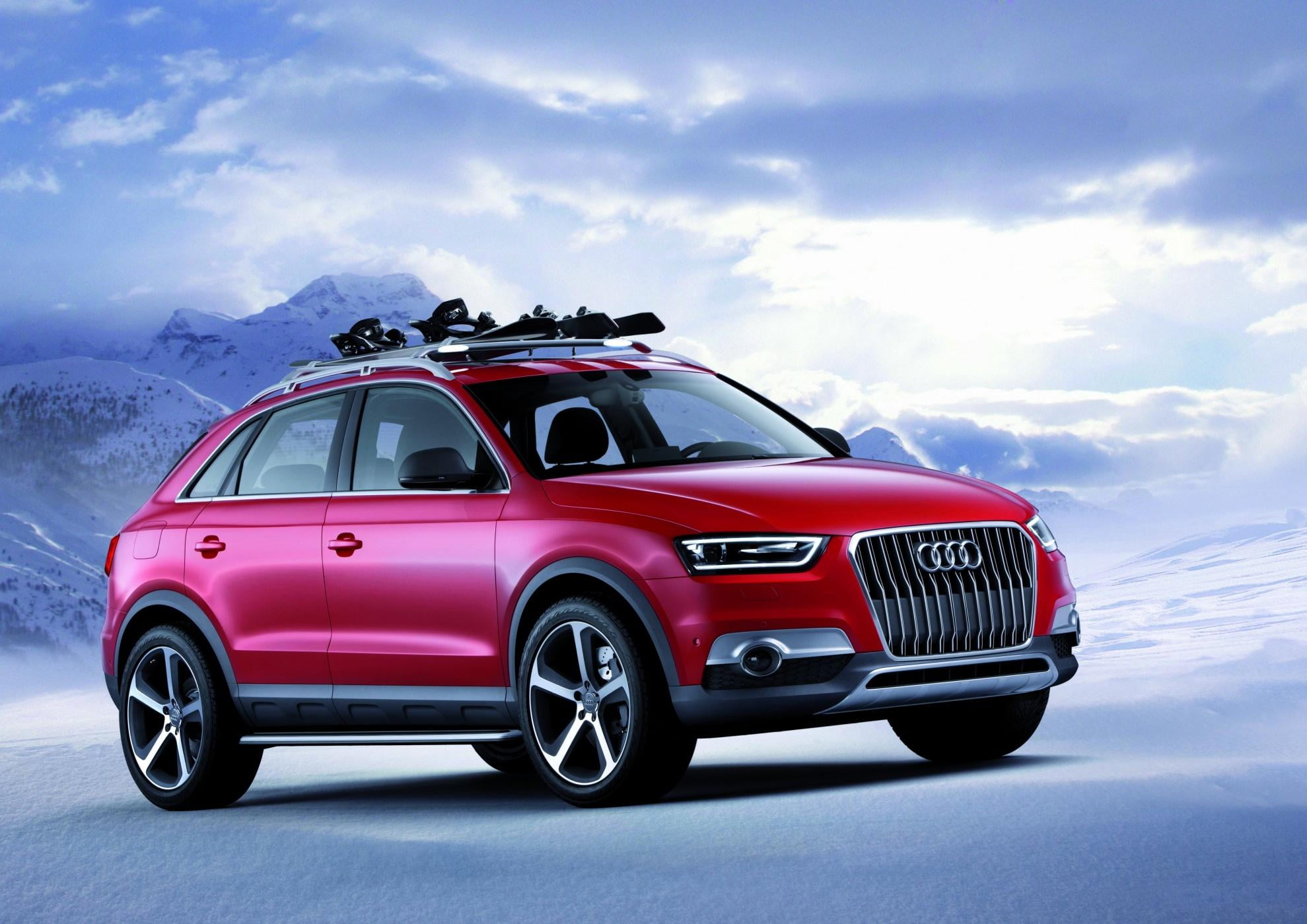 snow, q, car, Audi, mountain, nature, motor vehicle, sky, outdoors, 1080P, land vehicle, day, travel, transportation, mode of transportation, cloud - sky, HD Wallpaper