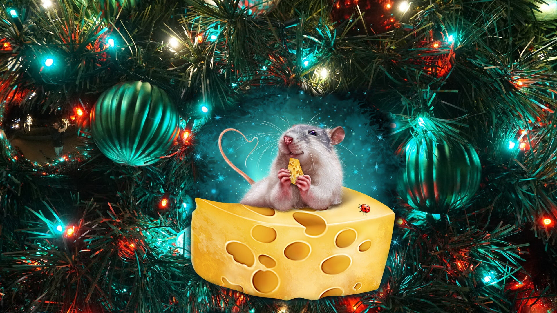 balls, New Year, 2020, cheese, 1080P, mouse, tree, HD Wallpaper