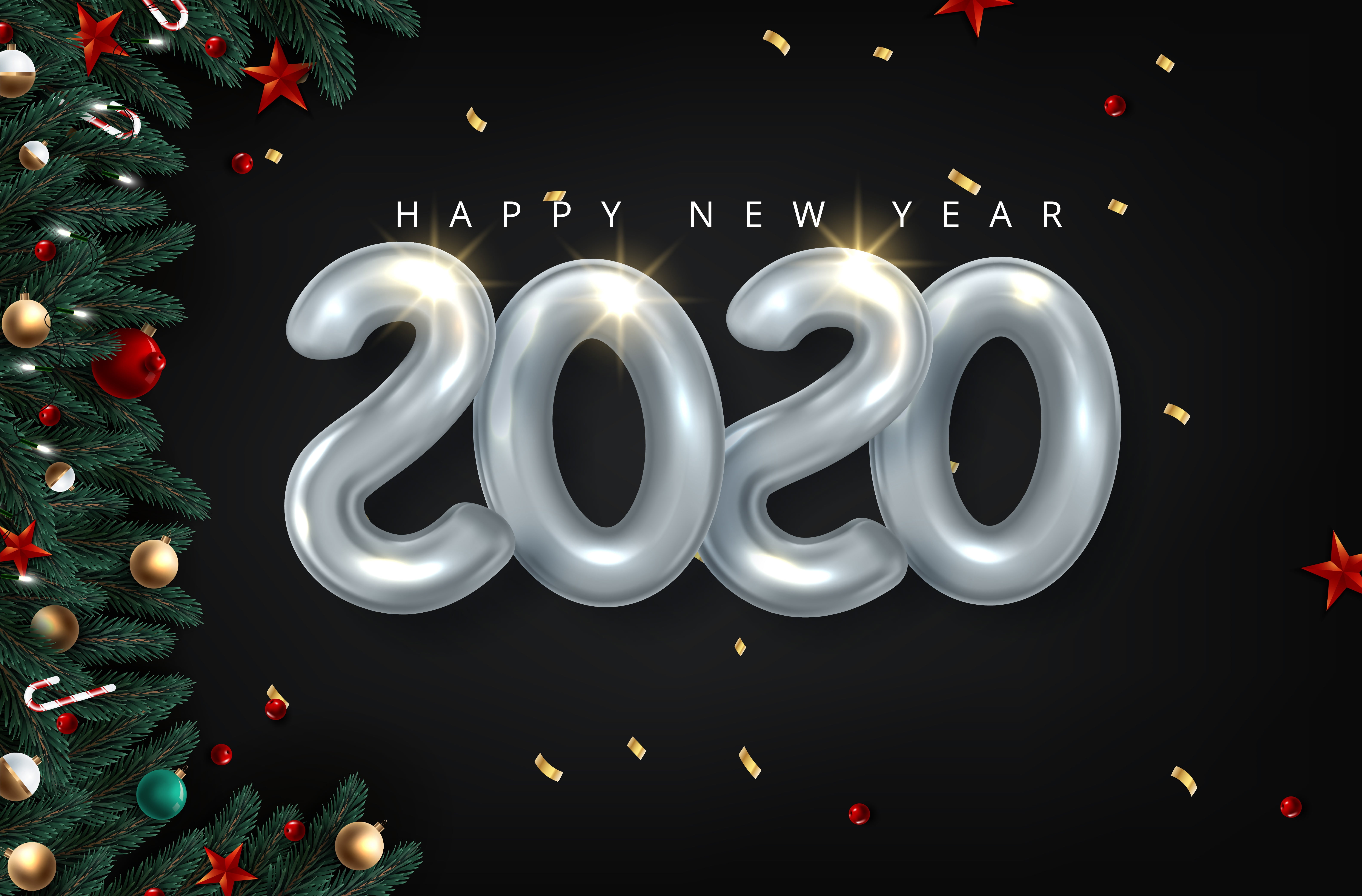 New Year, 5K, tree, 2020, Christmas, balls, decoration, HD Wallpaper