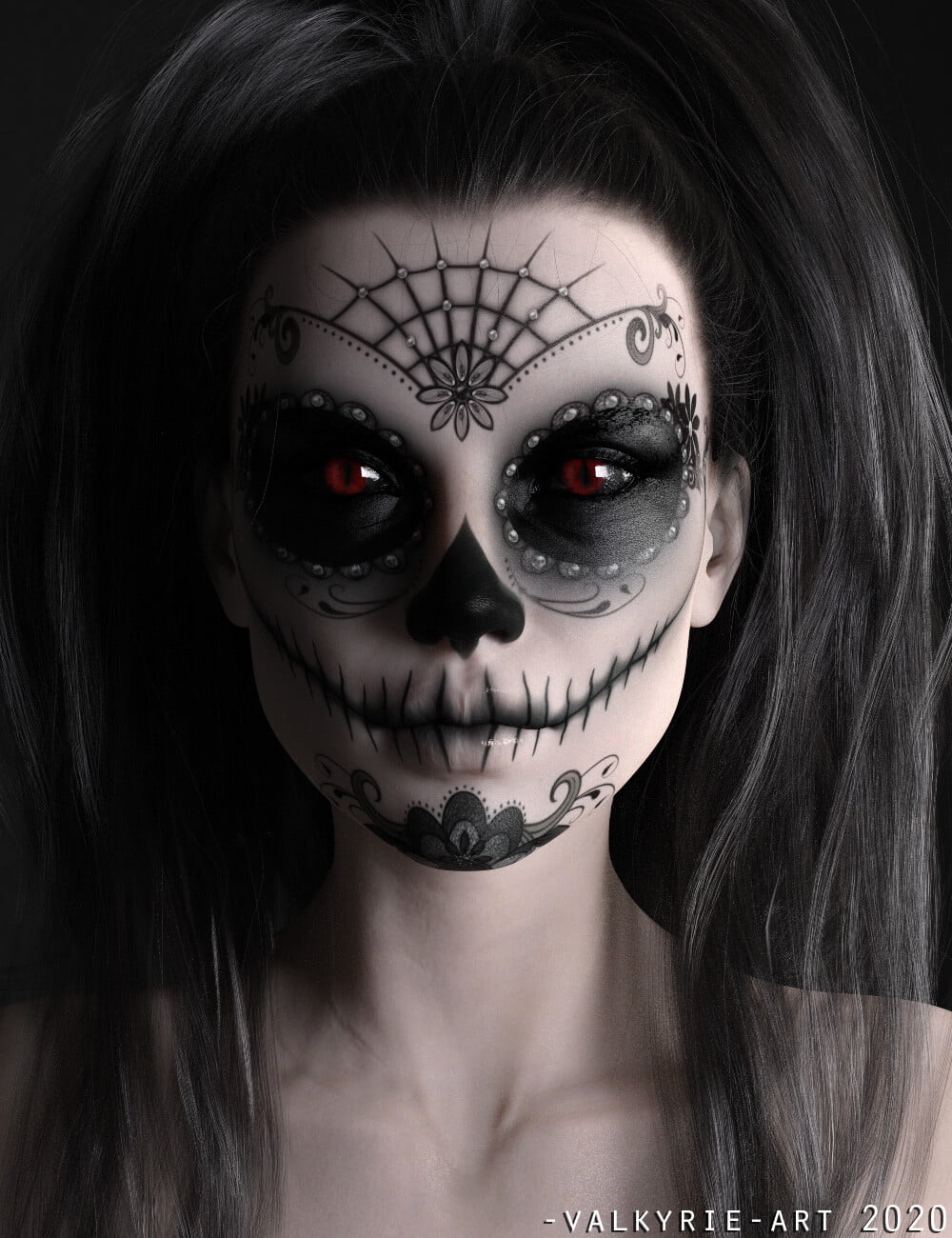 makeup, ArtStation, 720P, red eyes, glowing eyes, 3D, render, dark hair, skull, Dia de los Muertos, fantasy art, CGI, fantasy girl, 2020 (Year), Phone HD Wallpaper